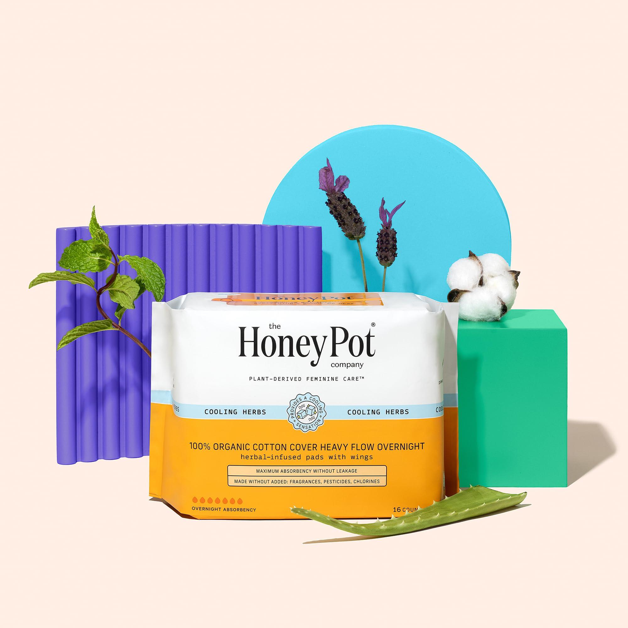 The Honey Pot Company The Honey Pot Company - 64ct - Herbal Sanitary Pads for Women - Heavy Flow Overnight w/Wings - Infused w/Essential Oils for Cooling Effect & Organic Cotton Cover - Feminine Care - FSA & HSA