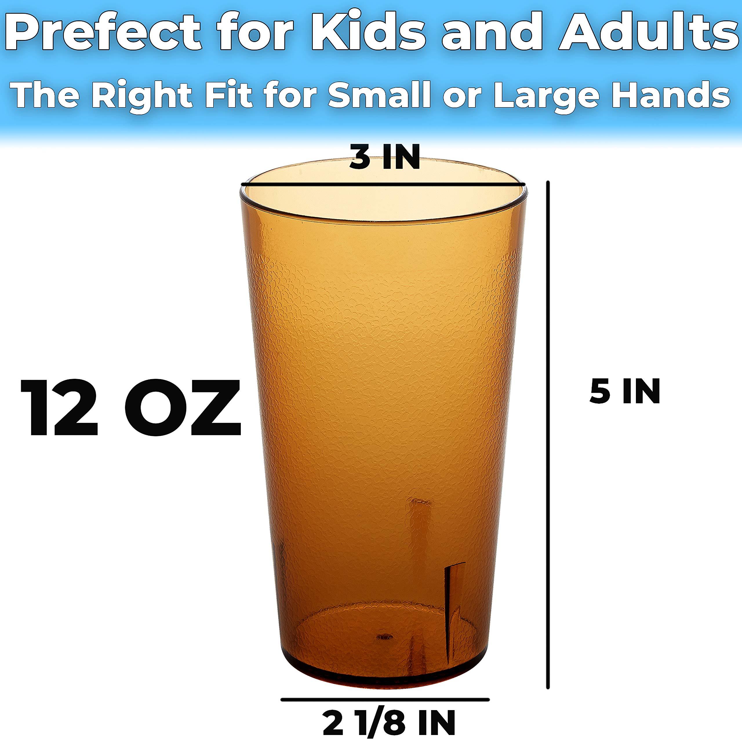 Avant Grub Restaurant Grade, BPA-Free 12oz Amber Plastic Cups 24pk. Super Durable, Break Resistant Drinking Glasses for Cafe, Party, Catering. Reusable, Stackable Tumblers with Textured Grip Design