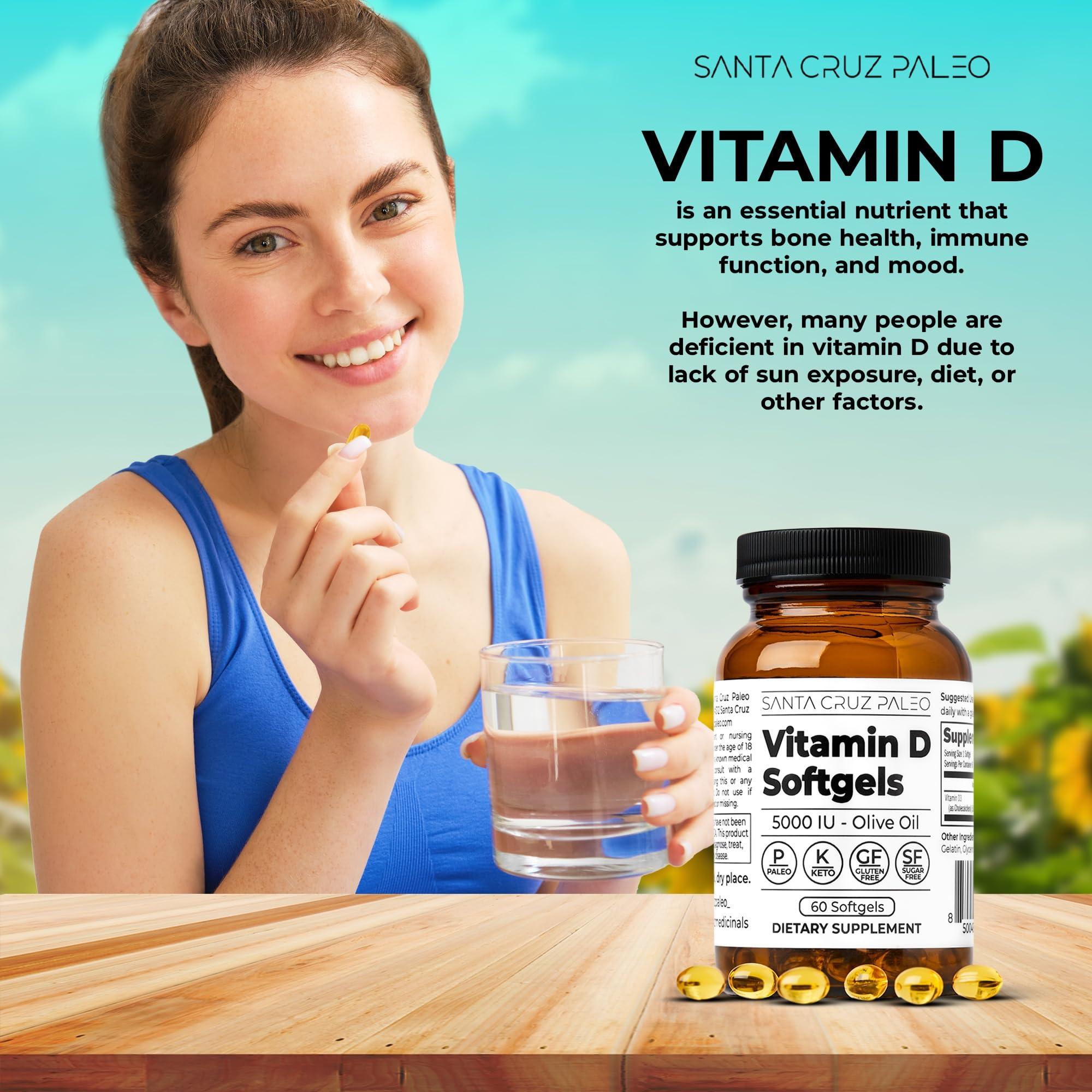 Santa Cruz Paleo Santa Cruz Paleo Vitamin D Supplement, Bone Health & Immune Support, 5000 i.u. Per Softgel, Gluten Free, Keto, Sugar Free, Paleo, Vitamin D3, Olive Oil for Absorption, Natural Ingredients, 60 Softgels