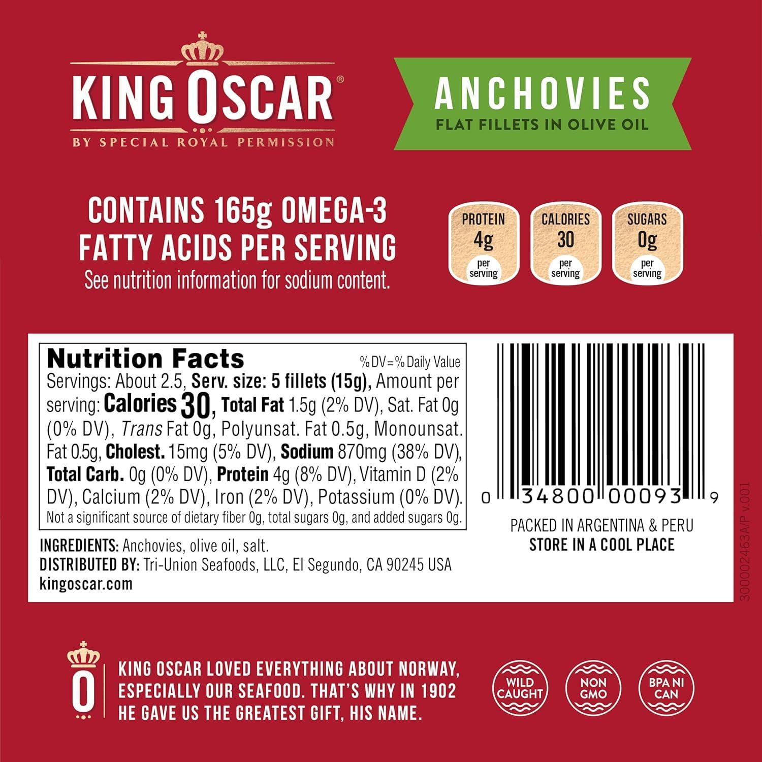 King Oscar King Oscar Anchovies Fillets in Olive Oil, 2 Ounce Can (Pack of 1), Wild Caught Canned Anchovies