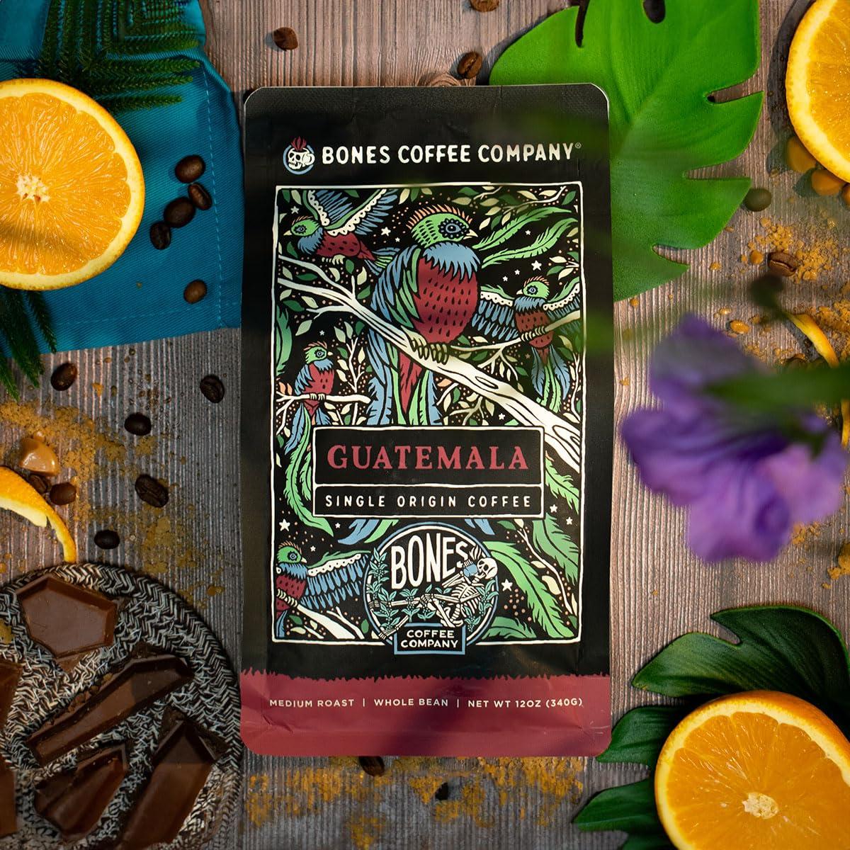 Bones Coffee Company Bones Coffee Company Guatamela Single-Origin Coffee Beans, Medium Roast Ground Coffee Gifts Low Acid Gourmet, Milk Chocolate, Citrus, Caramel Notes (12 oz)
