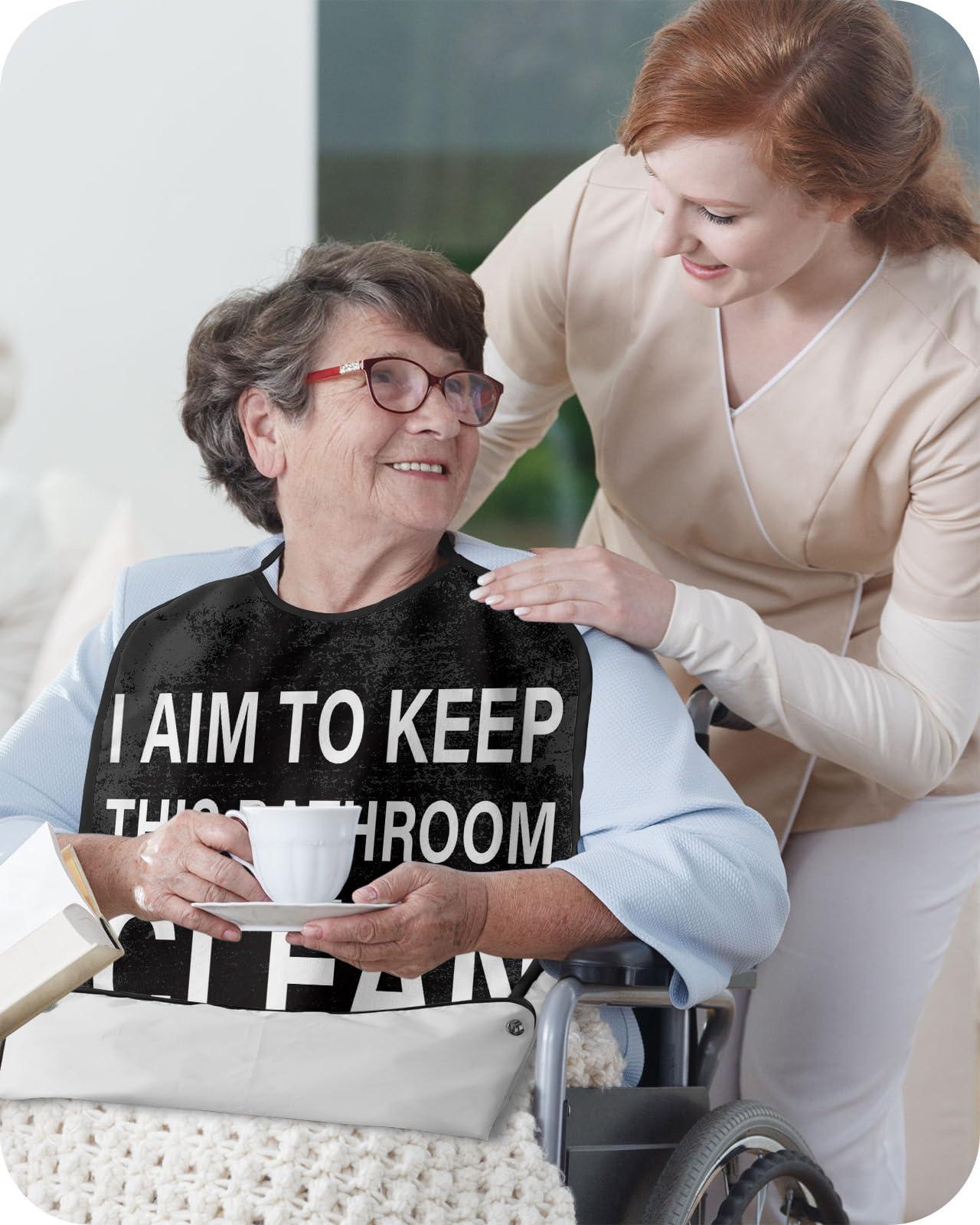 LEOKOTI Bathroom Keep Clean Adult Bibs for Eating, Waterproof Bibs with Food Catcher & Adjustable Snap Closure, Black Backdrop White Words Washable Clothing Protectors Adult Bibs for Elderly Women/Men