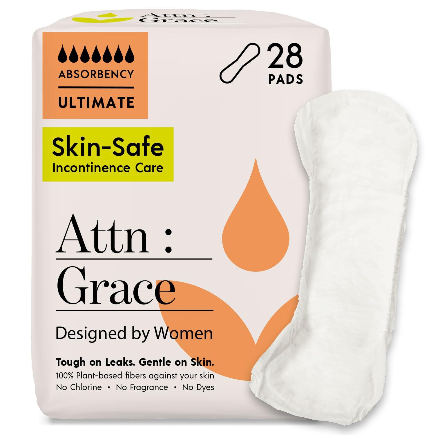 ATTN : GRACE Attn: Grace Moderate and Ultimate Incontinence Pads for Women (28 Pads in Each Pack) - High Absorbency Sensitive Skin Protection for Bladder Leakage or Postpartum/Discreet, Breathable, & Plant-Based