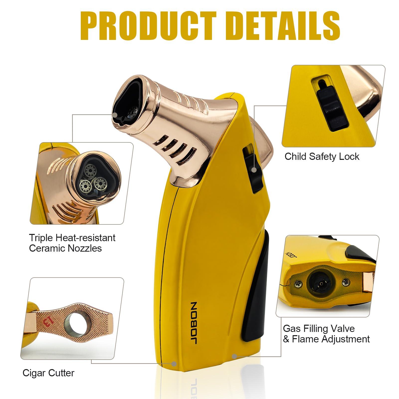 JOBON JOBON Torch Lighter, Triple Jet Flame Butane Lighter with Punch and Safety Lock (Butane Gas Not Included) (Yellow)