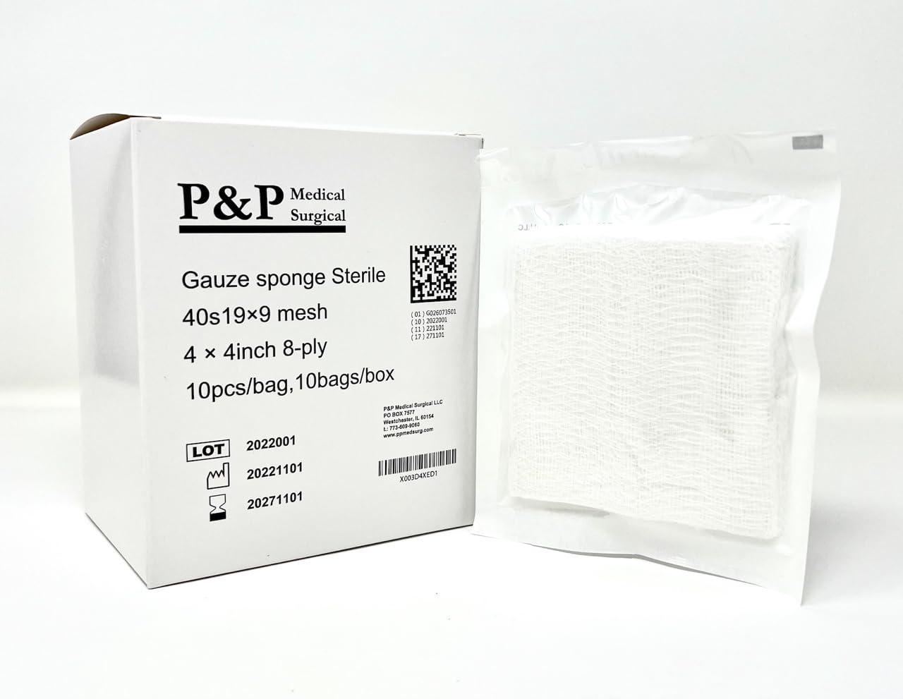 P&P Medical Surgical Gauze Surgical Sponges Cotton STERILE Woven 8-ply High Grade Quality 4\"x4\" Class I(a) All Purpose Pads Box of 1000