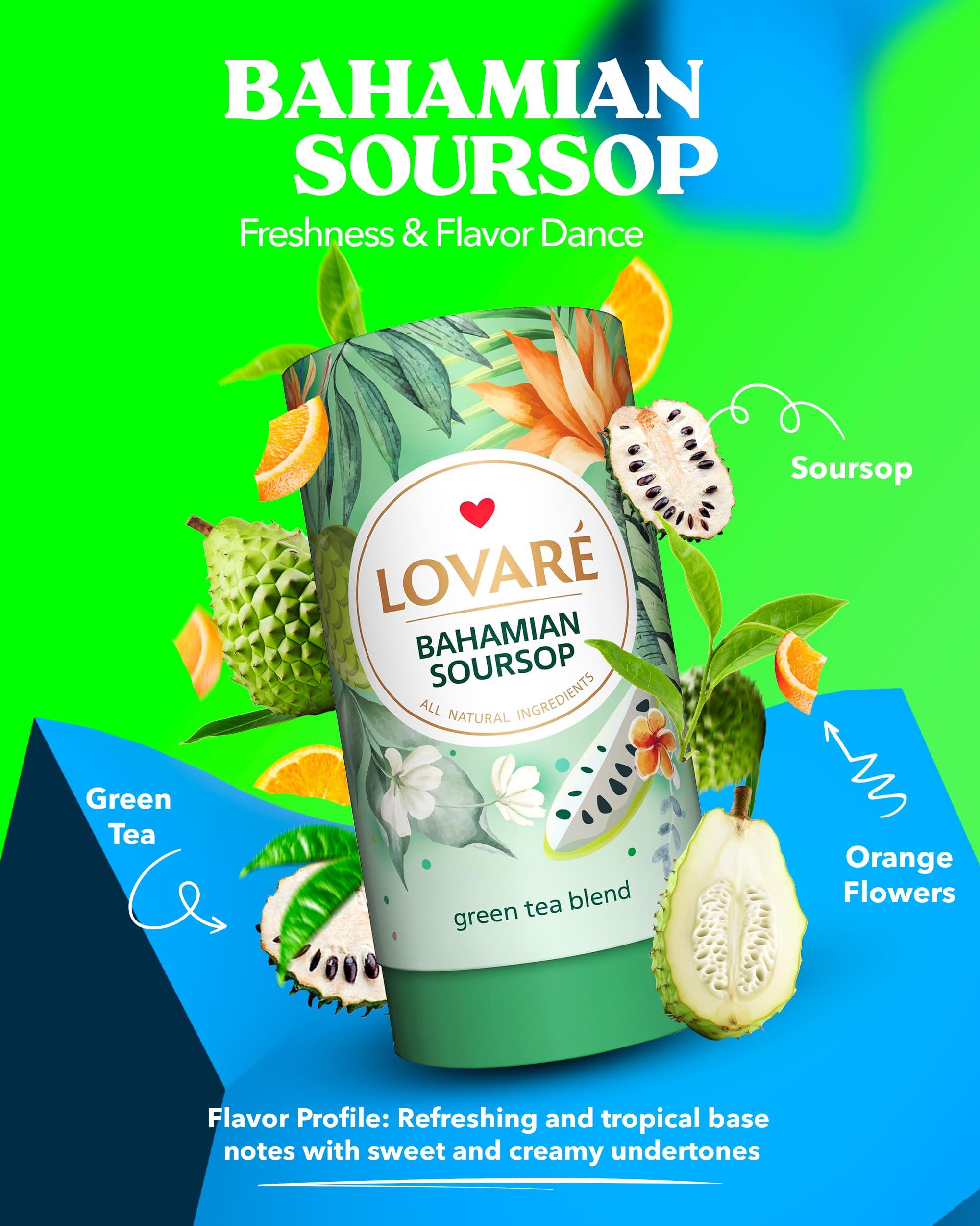 LOVARE LOVARE Bahamian Soursop Loose Leaf Tea 80 g - Made in Ukraine Green Tea, Soursop, and Orange Blossom - Gift Box with 15 Paper Filters Easy to Brew Tea Blend