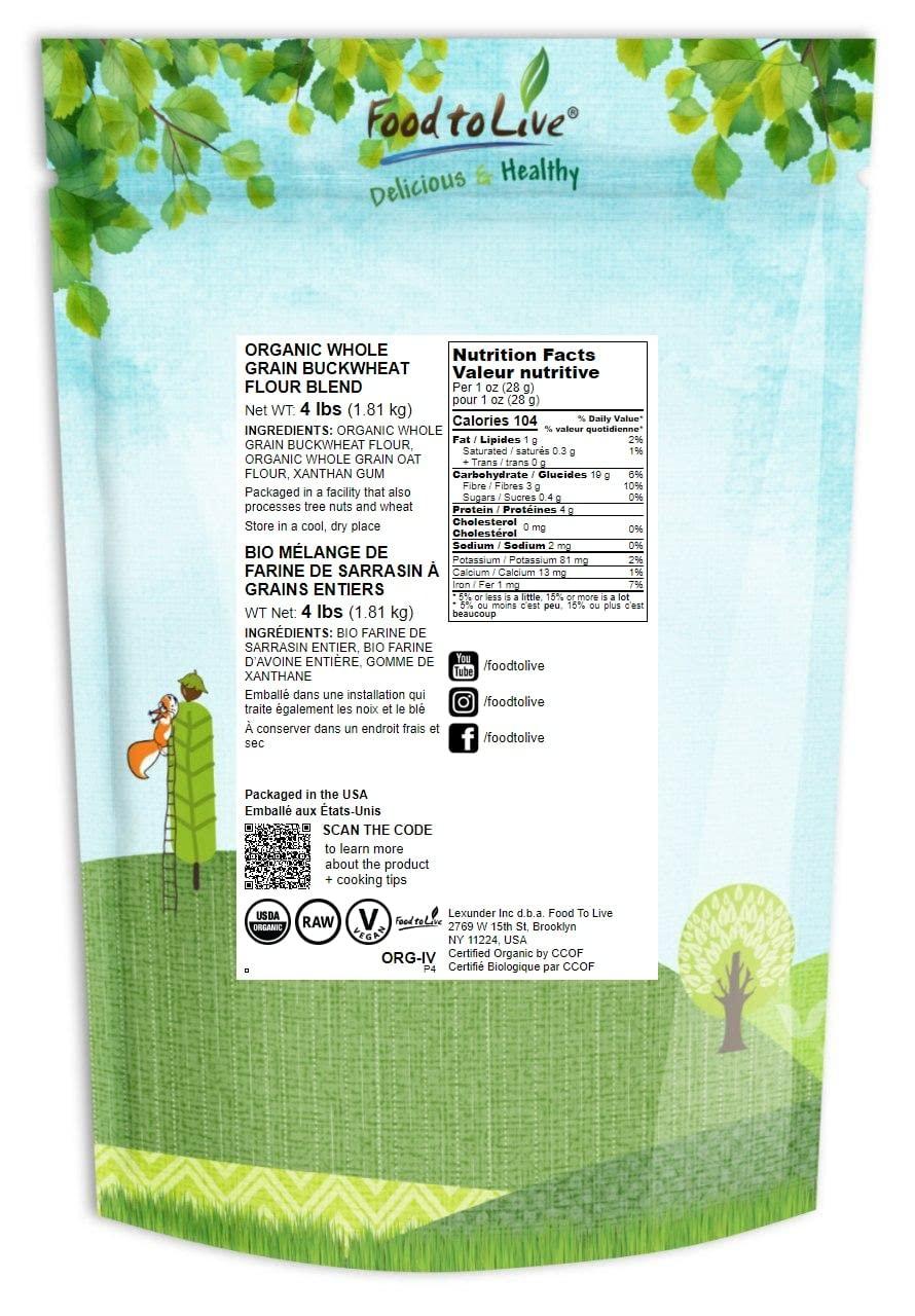 Food to Live Food to Live Organic Whole Grain Buckwheat Flour Blend, 4 Pounds - A Custom Mix of Organic Buckwheat Flour and Organic Oat Flour, Non-GMO, Fine Meal, Vegan, Bulk. All Purpose Flour. Great for Baking