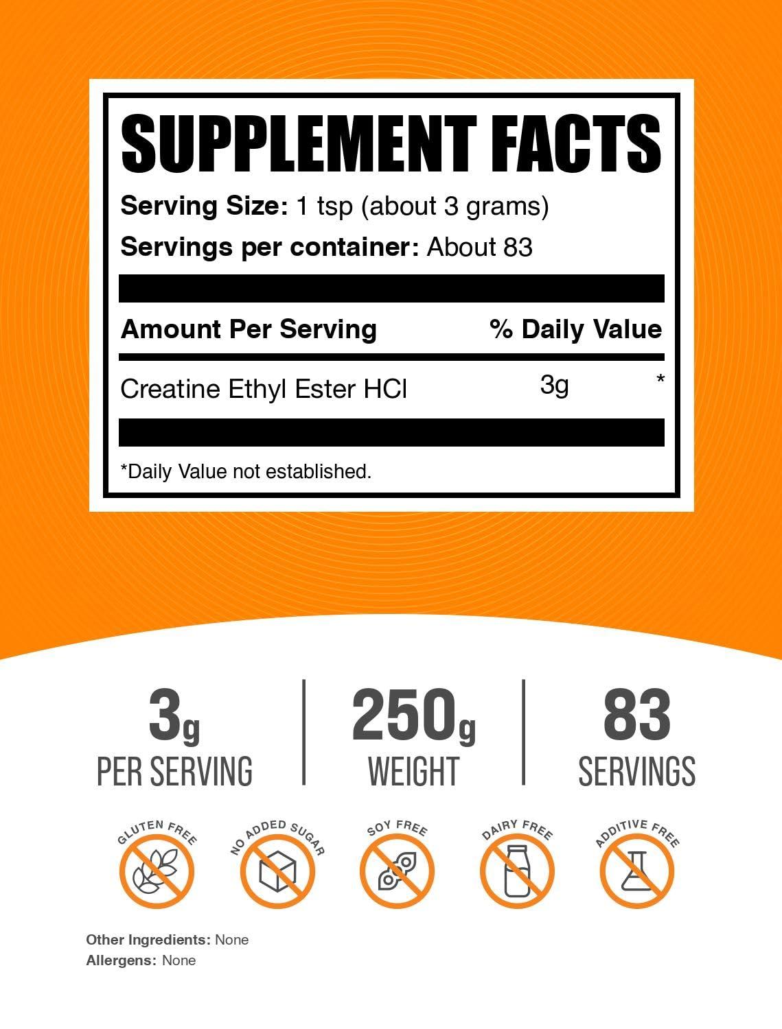 BULKSUPPLEMENTS.COM BulkSupplements.com Creatine Ethyl Ester HCl Powder - Creatine Supplement, Creatine Ethyl Ester Powder - Unflavored & Gluten Free, 3g per Serving, 250g (8.8 oz) (Pack of 1)