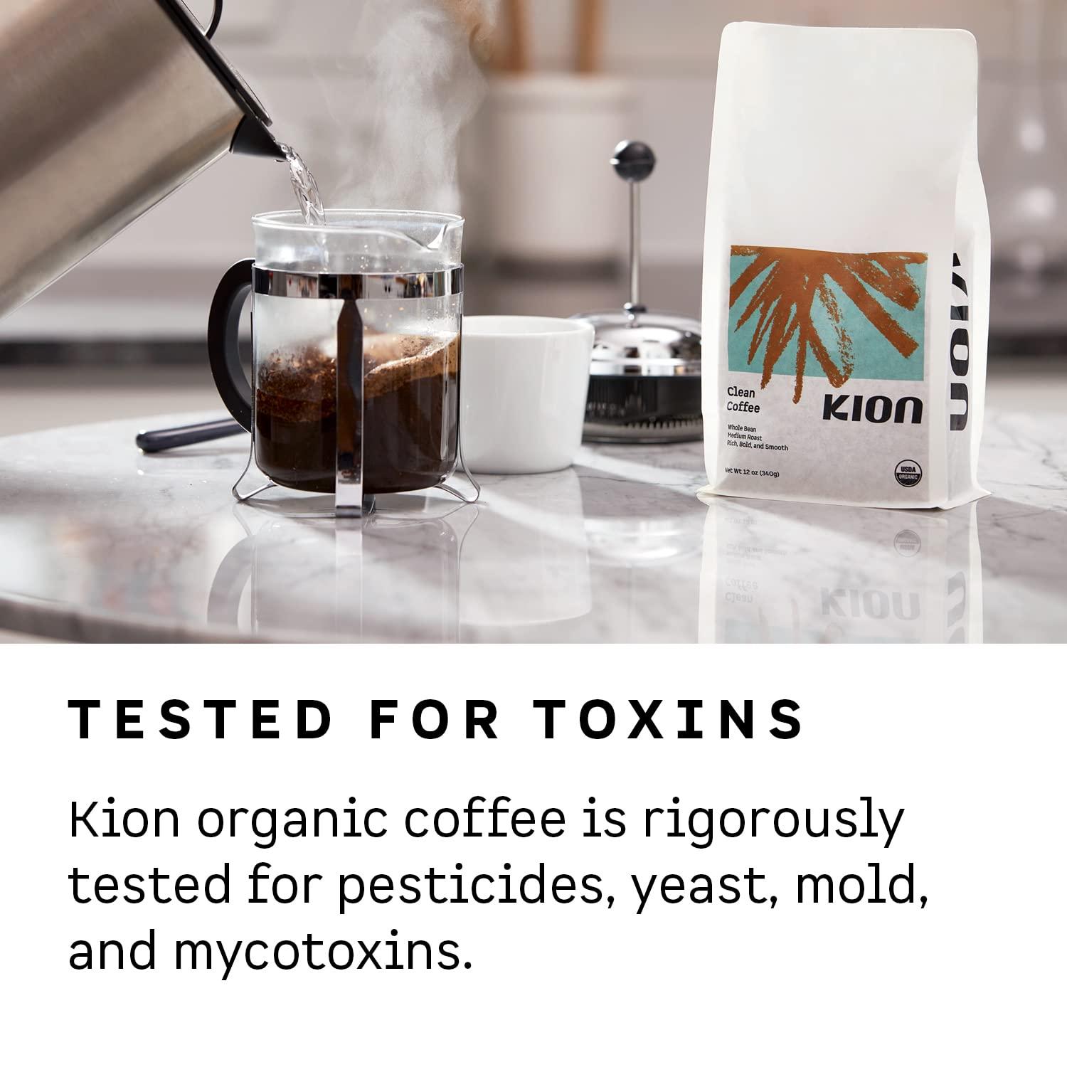 Kion Kion Organic Whole Bean Coffee, Tested for Toxins, Ethically Sourced, Rich, Bold, and Smooth, Medium Roast 12 Oz (1 Pack)