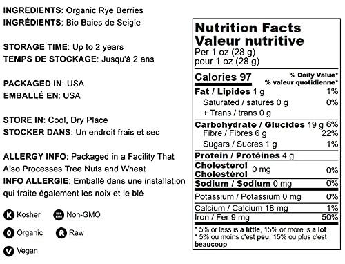 Food to Live Food to Live Organic Cracked Rye Berries, 1 Pound - Non-GMO. Crushed & Sifted Groats. Raw, Vegan, Kosher, Bulk. Broken Whole Grain, Great for Cereal & Porridge. Good Source of Fiber & Protein