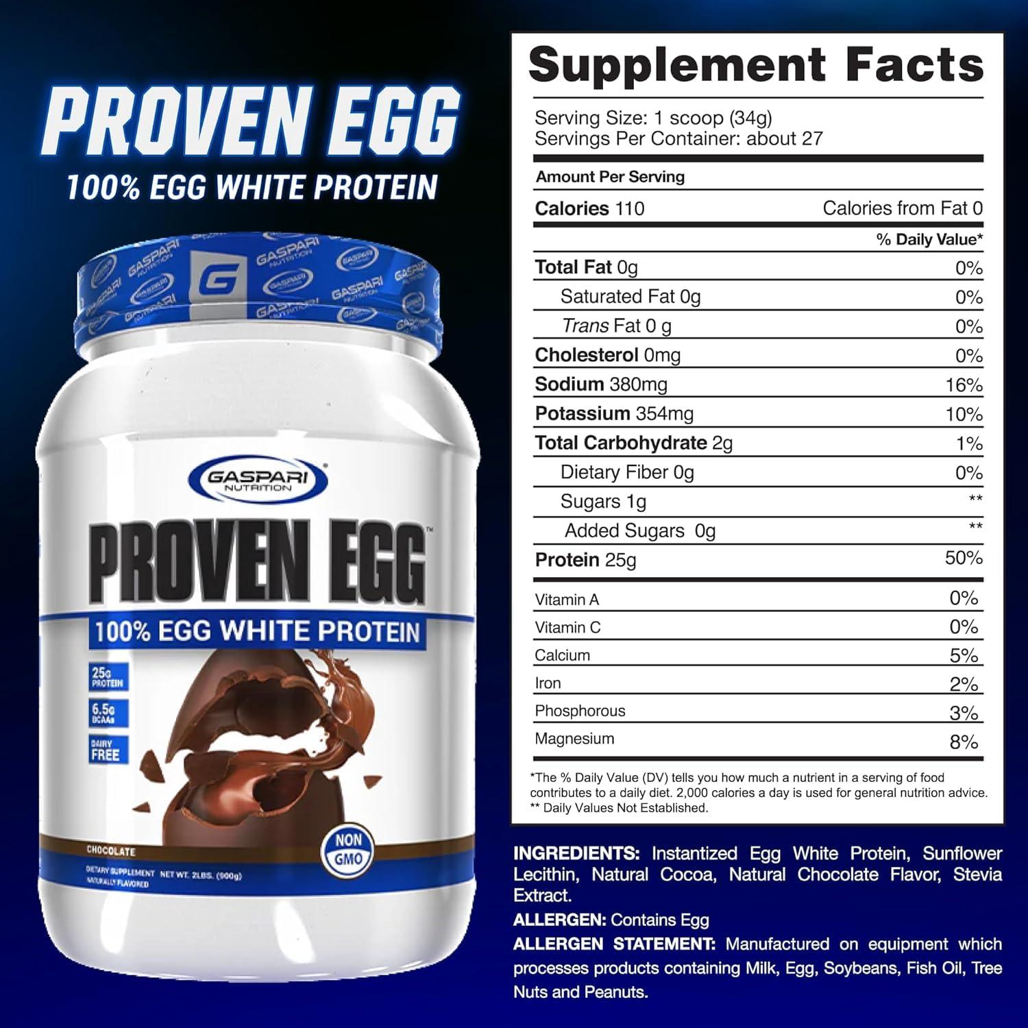 Gaspari Nutrition Gaspari Nutrition Proven Egg, 100% Egg White Protein, 25g Protein, Keto Friendly, Dairy Free, Lactose Free, Soy Free (1lb, Chocolate)