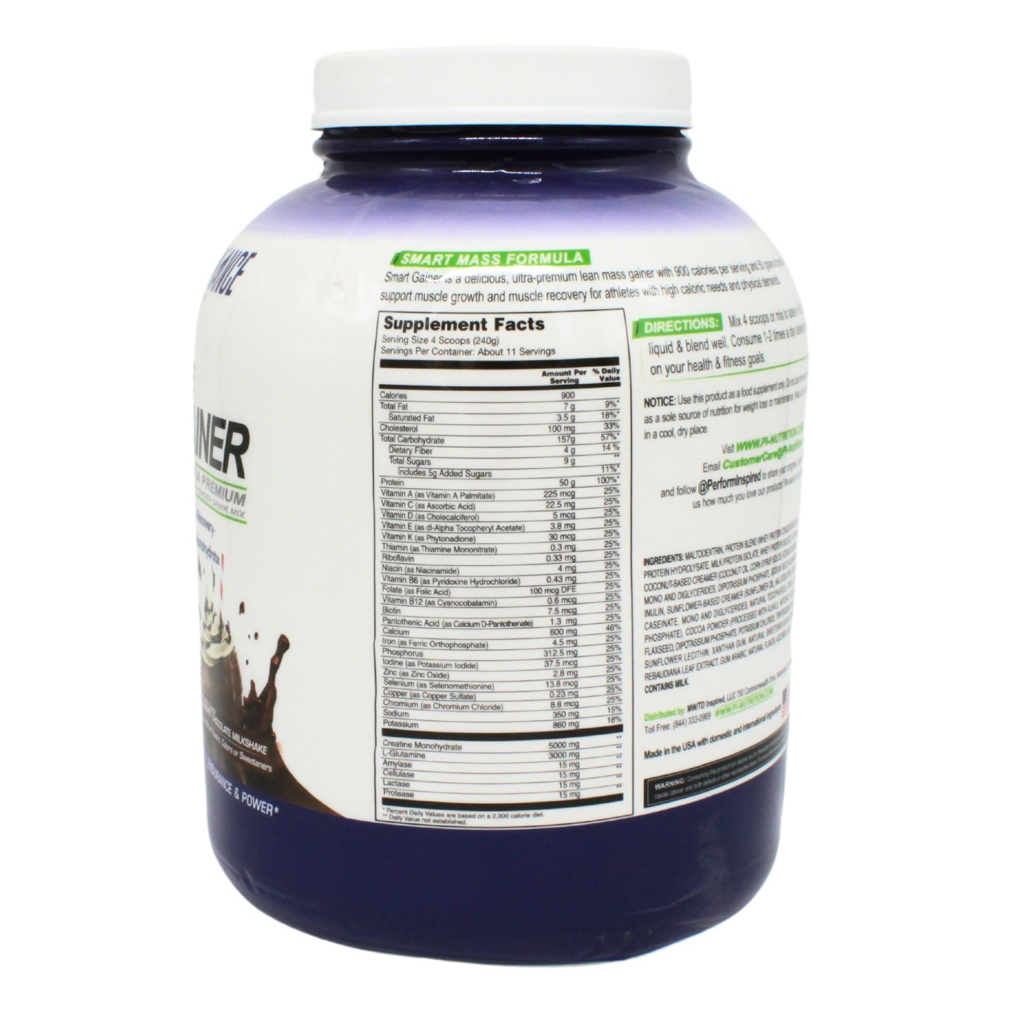 PERFORMANCE INSPIRED Performance Inspired Nutrition Smart Mass Gainer - Recover & Rebuild Muscles - Contains Added L-Glutamine – Big 50G Protein - Creatine - Fiber - Digestive Enzymes - Chocolate Milkshake - 6 Pounds