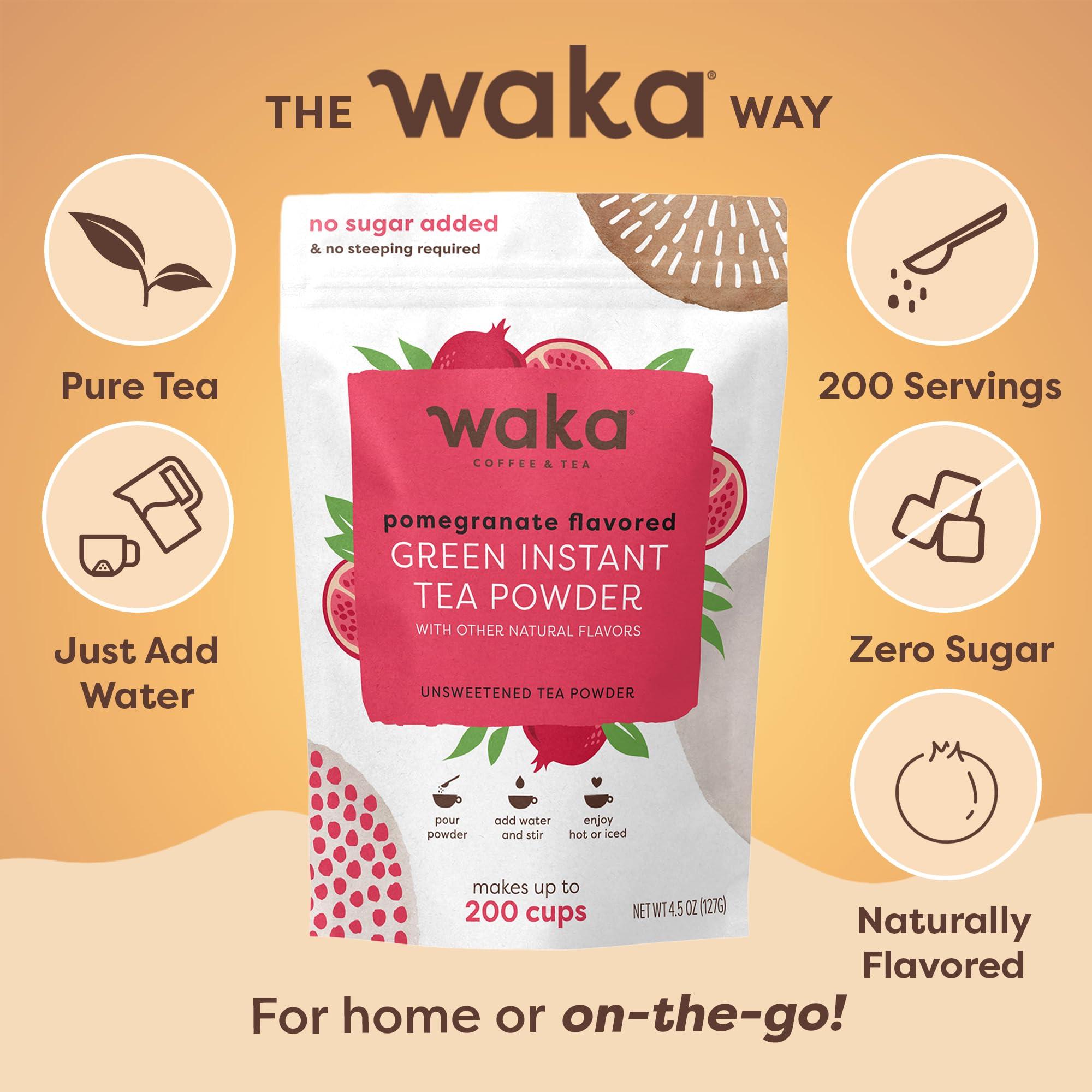 Waka Coffee Waka Instant Green Tea Mix, Pomegranate Flavored - 100% Tea Leaves, No Additives, Unsweetened Tea Powder in Bulk Pouch Easy Quick Hot and Iced Teas, Up to 200 Cups (4.5oz)