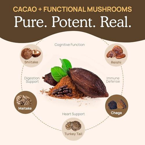 Real Mushrooms Real Mushrooms Organic Hot Chocolate Mix with 5 Defenders Turkey Tail, Chaga, Maitake, Shiitake, Reishi Mushroom - Cacao Powder Vegan Supplement, Gluten-Free, 15 Servings