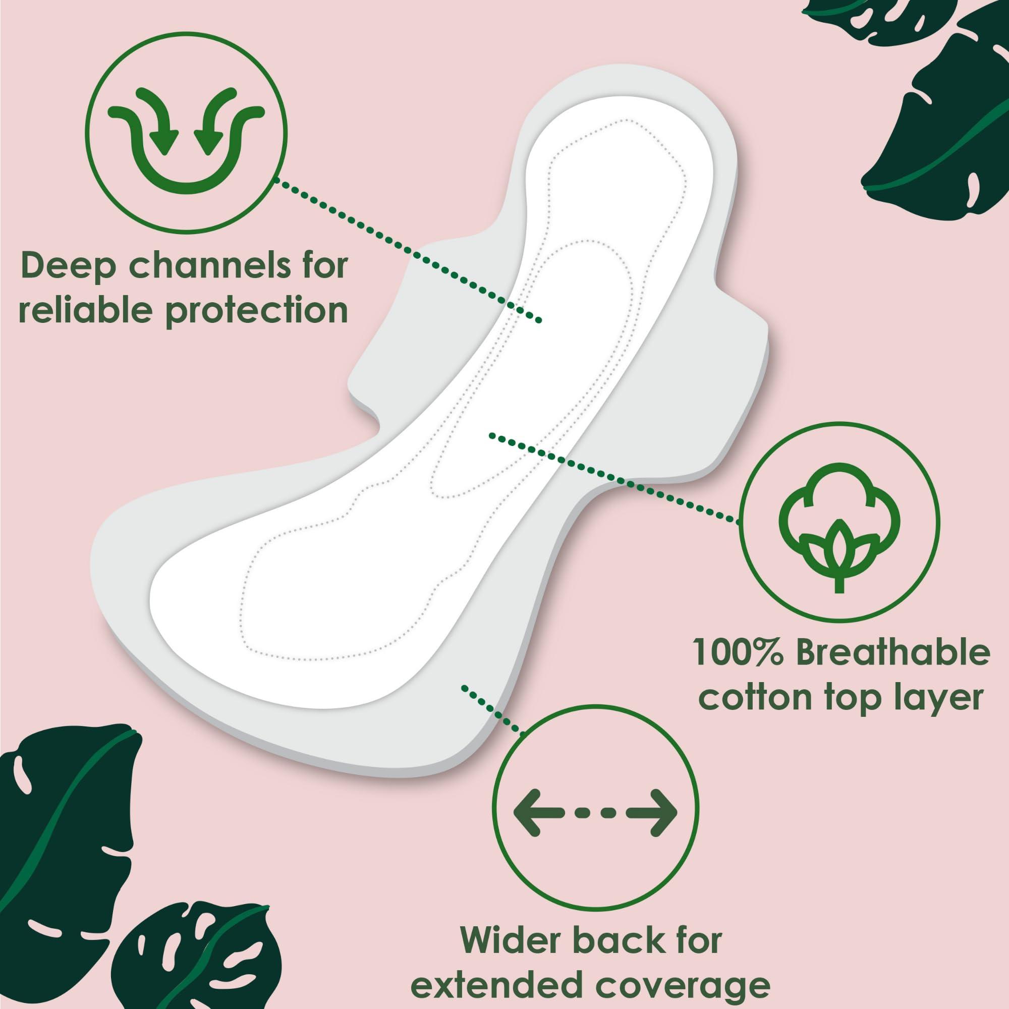 L. L. Pure Cotton Topsheet Pads for Women, Extra Long Overnight Pads, Maxi Pads with Wings, Unscented Menstrual Pads, 28 Count x 2 Packs (56 Count Total) (Packaging May Vary)