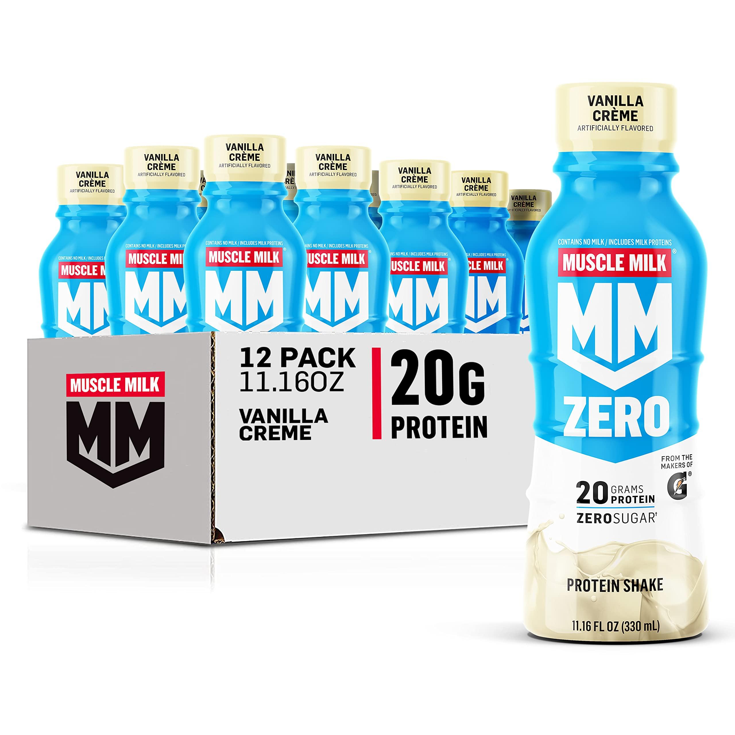 Muscle Milk Muscle Milk Zero Protein Shake, Vanilla Crme, 20g Protein, Zero Sugar, 100 Calories, Calcium, Vitamins A, C & D, 4g Fiber, Energizing Snack, Workout Recovery, Packaging May Vary 11.16 Fl Oz (Pack of 12)