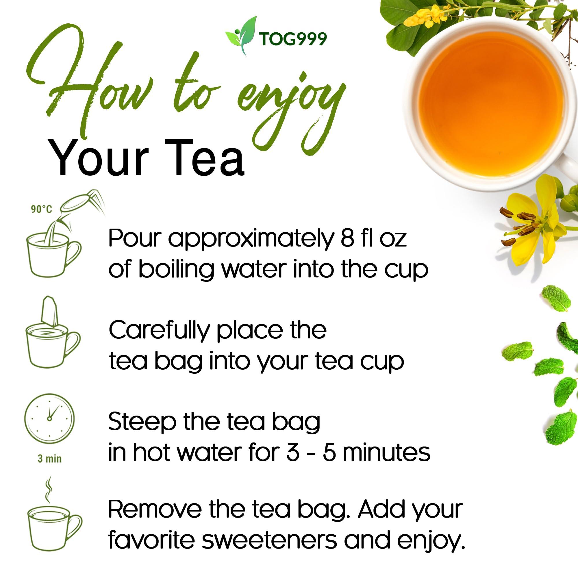 TOG999 100 Tea Bags Relieves Constipation Natural Tea, Blend of Senna Leaves - Peppermint - Licorice - Fennel, 100% Natural Ingrendients, Hand-made Herbal Tea, No Sugar, No Caffeine, No Gluten, Vegan.