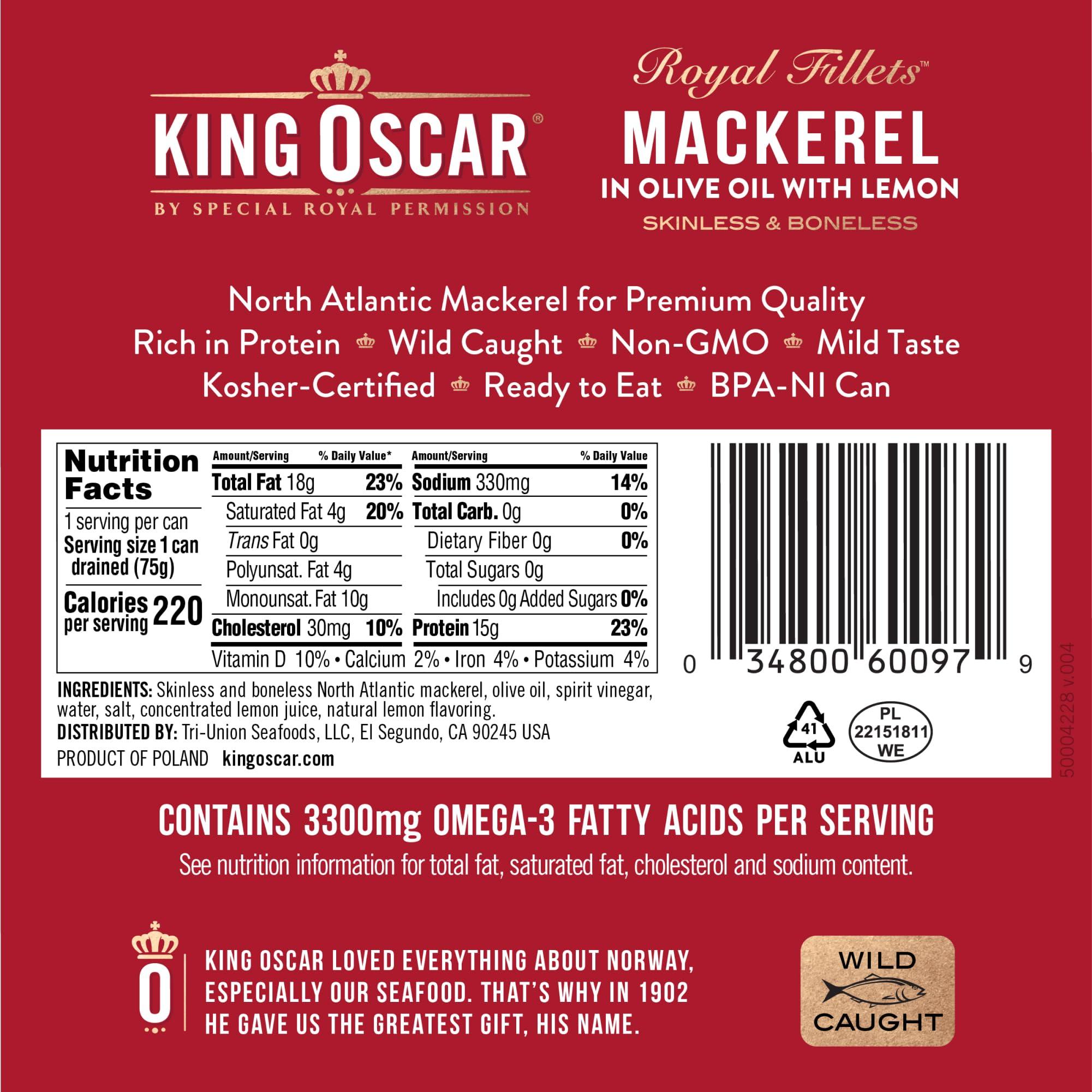 King Oscar King Oscar Mackerel in Olive Oil with Lemon, 4.05 Ounce Cans (Pack of 12), Skinless & Boneless, Wild Caught Canned Mackerel