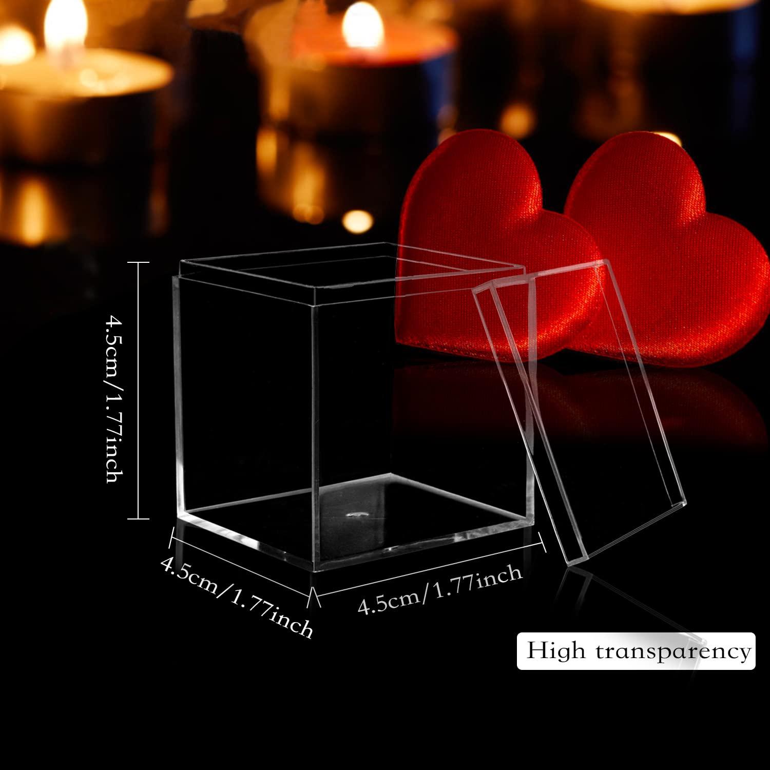 Lainrrew Clear Plastic Square Cube,15 Pack Small Acrylic Plastic Storage Box with Lids Transparent Clear Square Containers Display Boxes Gift Box with Glitter Ribbon for Candy Pill Jewelry Christmas (1.8 Inche