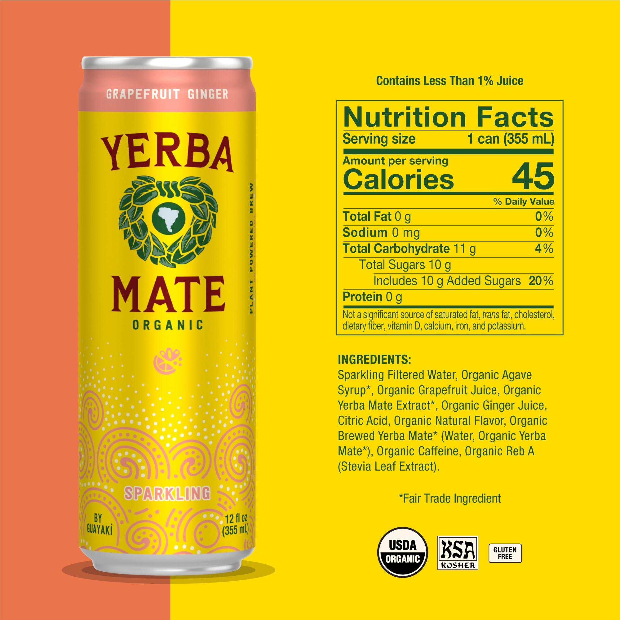 Guayaki Guayak Yerba Mate, Organic Sparkling Energy Drink Alternative, Grapefruit Ginger, 80mg Natural Plant Based Caffeine, Smooth Energy & Focus, Carbonated, 15.5 Oz (Pack of 12) (Packaging May Vary)