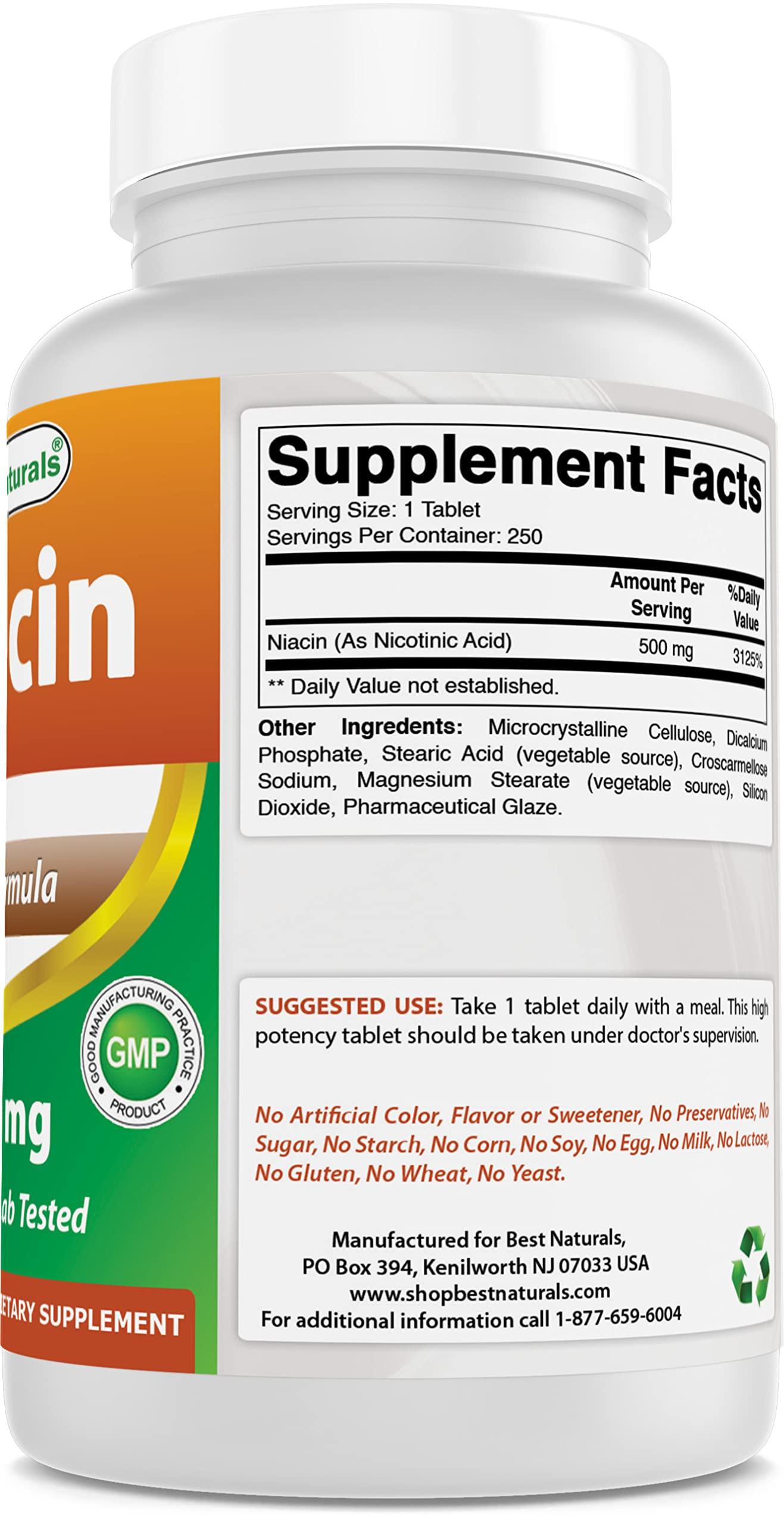 Best Naturals Best Naturals Niacin 500mg 250 Tablets with Flushing - Also Called Vitamin B3 (250 Count (Pack of 1))