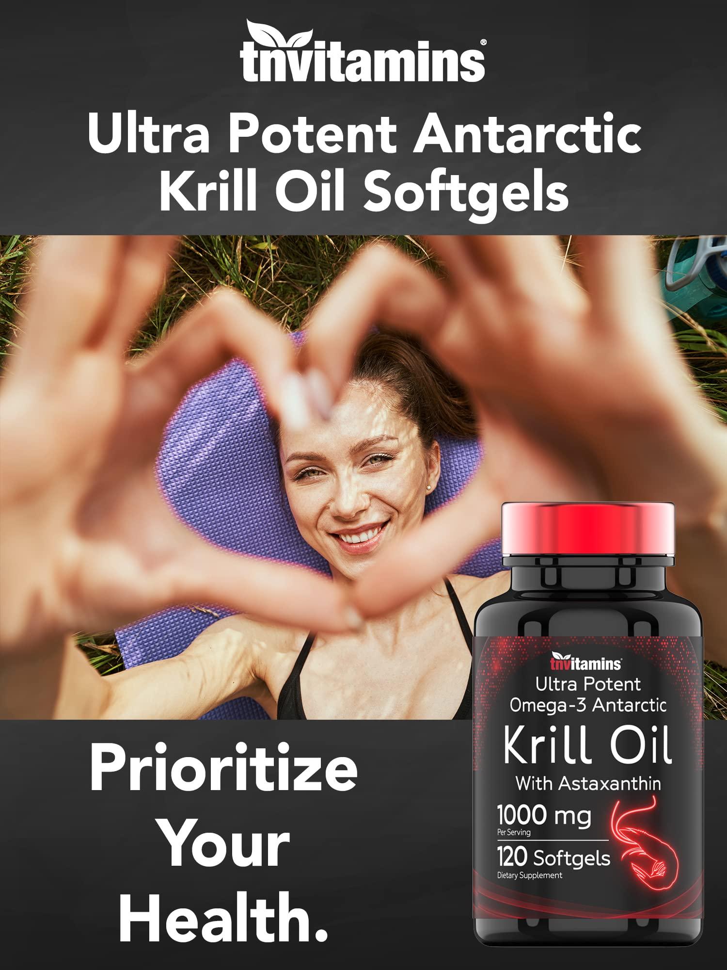 tnvitamins Antarctic Krill Oil 1000mg x 120 Softgels with Astaxanthin | 1000mg Red Krill Oil, 200 mg Phospholipids, 120 mg EPA, 80 mg DHA, 200 mcg Astaxanthin | Potent & Pure Omega-3 Cold Water Antarctic Krill