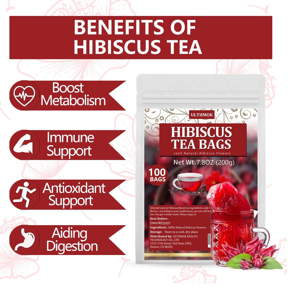 ULTHMOK Premium Hibiscus Tea Bags,100 Tea Bags/7.06 Oz,100% Pure Dried Hibiscus Flower,Natural & No Additives,Caffeine Free.