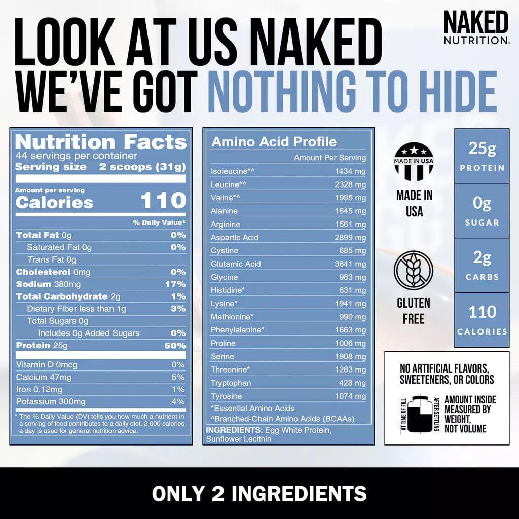 NAKED nutrition Naked 3LB Non-GMO Egg White Protein Supplement Powder, Unflavored, No Additives, Paleo, Dairy Free, Gluten Free, Soy Free  25g Protein, 44 Servings, 3 pounds