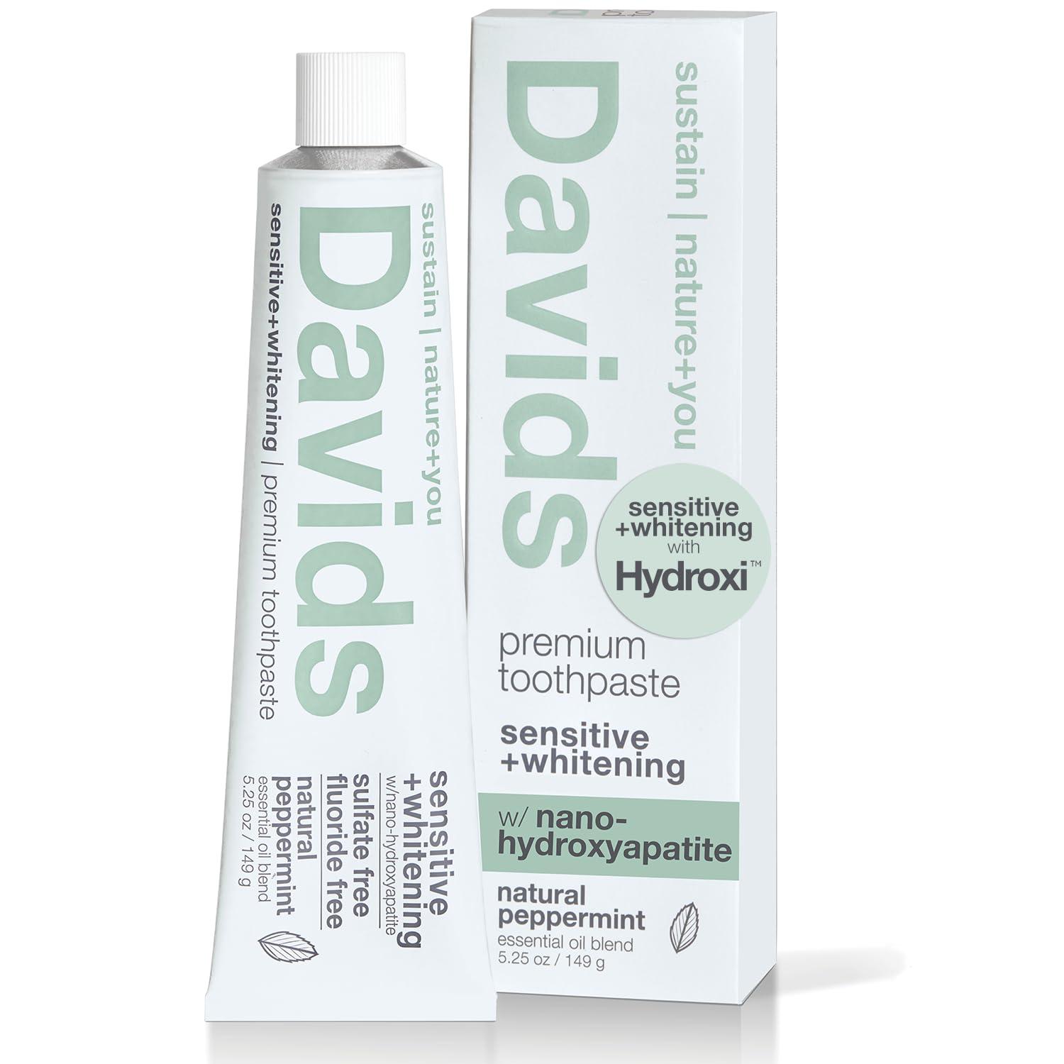 Davids Davids Hydroxi Fluoride Free Nano Hydroxyapatite Toothpaste for Remineralizing Enamel & Sensitive Relief, Whitening, Antiplaque, SLS Free, Natural Peppermint, 5.25oz, Made in USA