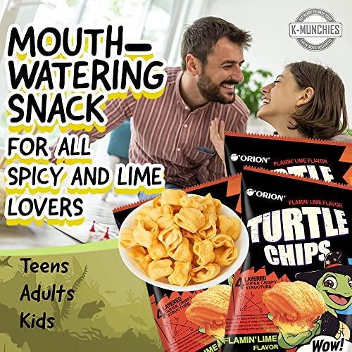 K-Munchies K-Munchies Orion Turtle Chips – Large 3 x 160-gram Flamin' Lime Flavor Korean Chips – Big Bag, Party Size Tasty, Crispy Korean Corn Snacks - Bite-Sized, On-The-Go Korean Corn Snack for Family