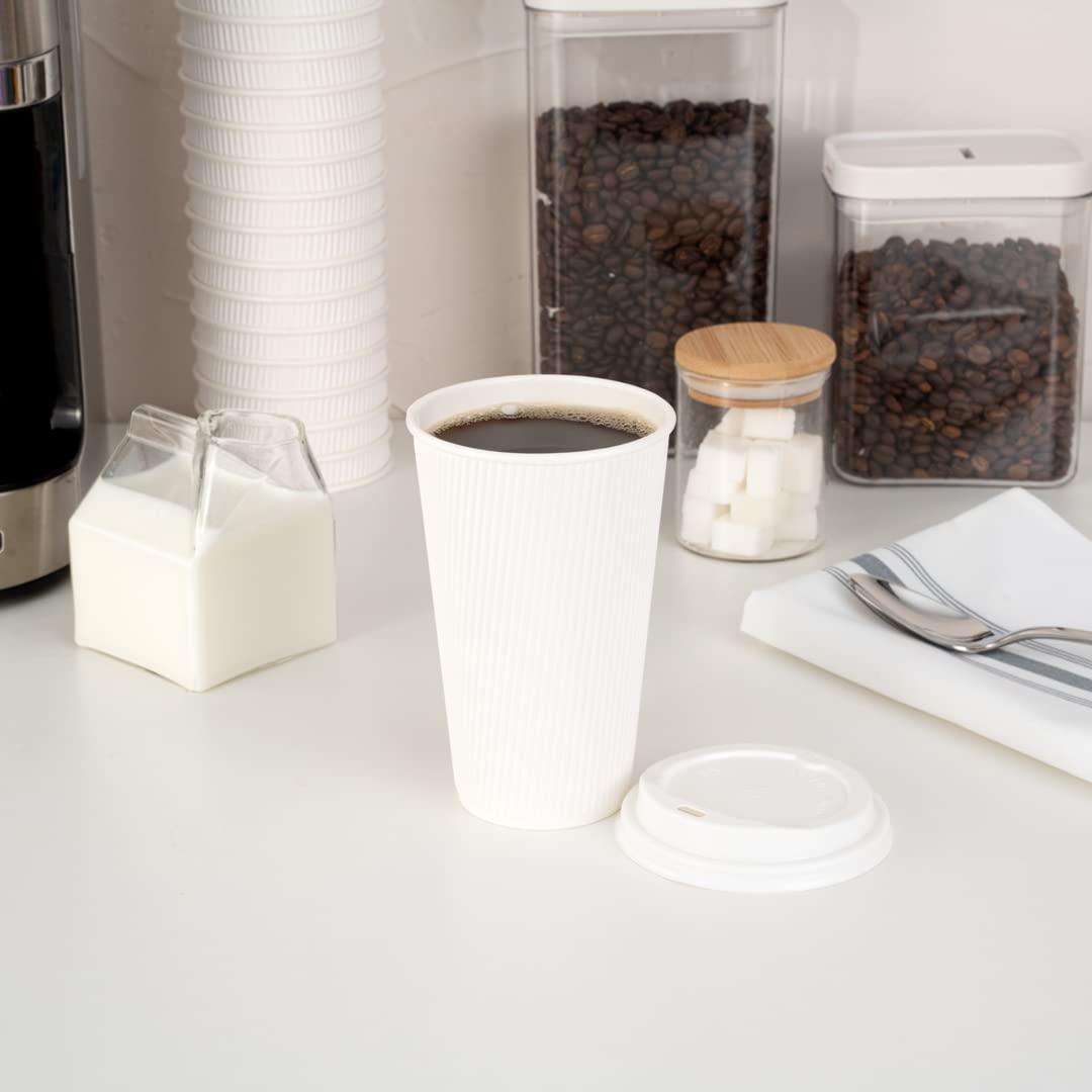 Restaurantware Restaurantware-16 Ounce Insulated Coffee Cups With Lids, 20 Ripple Wall Hot Cups With Lids - Leakproof, Non-Slip, White Paper Coffee Cups, Disposable, For Teas, Hot Cocoas, Or Lattes