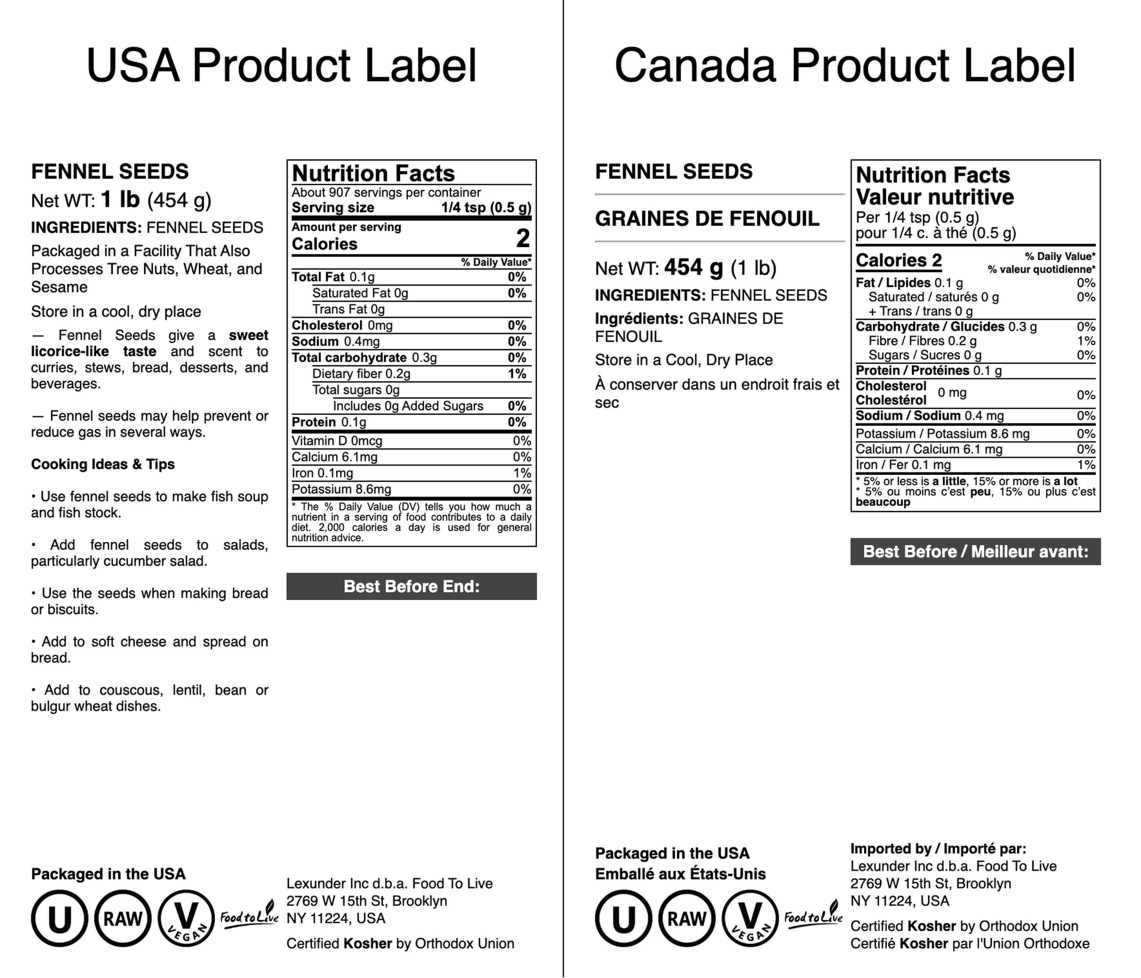 Food to Live Food to Live Fennel Seeds, 1 Pound Whole Raw Seeds, Non-Irradiated, Kosher, Vegan, Bulk. Sweet Licorice Flavor. High in Dietary Fiber. Great for Fennel Tea