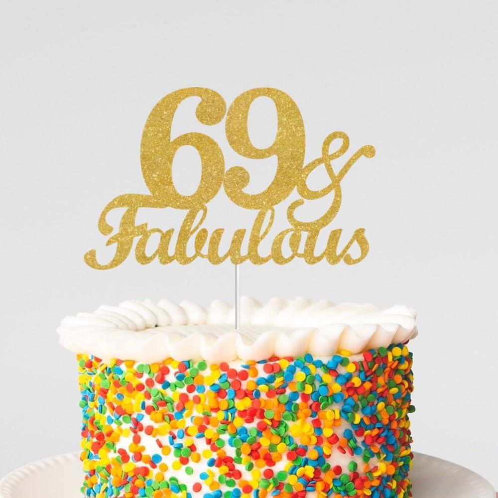 JUTTIRA 69 & Fabulous Cake Toppers Gold Glitter, Happy 69th Birthday Cake Topper Cheers to 69 Years Old Bday Decoration, Sixty-nine and Fabulous Cake Decorations for 69th Birthday Anniversary Party
