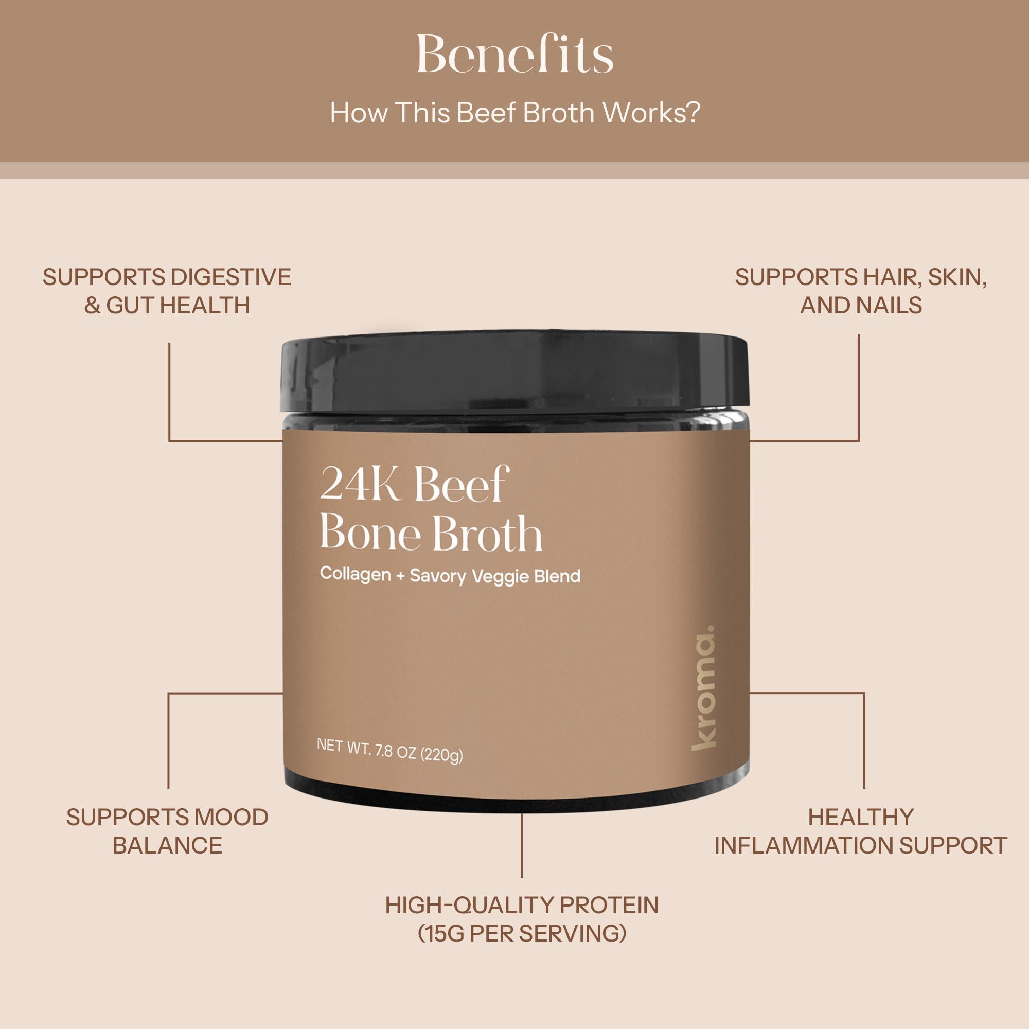 KROMA. Kroma Premium Grass Fed Beef Bone Broth, Dairy & Gluten Free Powder Mix with Collagen, Protein, Turmeric, & other Organic Ingredients, Promotes Gut Health & Healthy Skin, Hair & Nails, 10 Servings