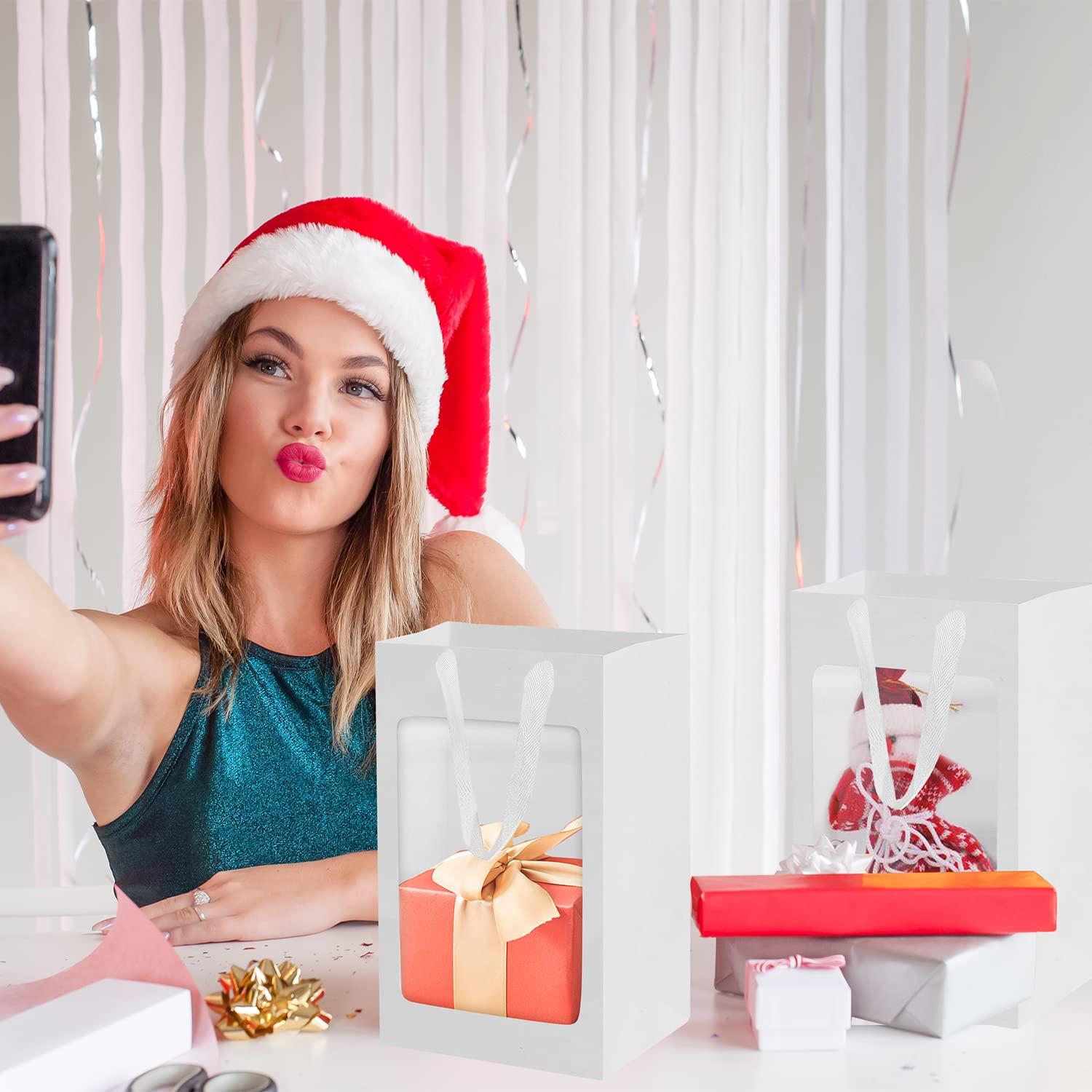 BallHull 12 Pcs White Kraft Paper Gift Bags with Transparent Window, 9.84\"x7.0\"x5.12\" Kraft Shopping Bags with Handles for Present, Festivals Party