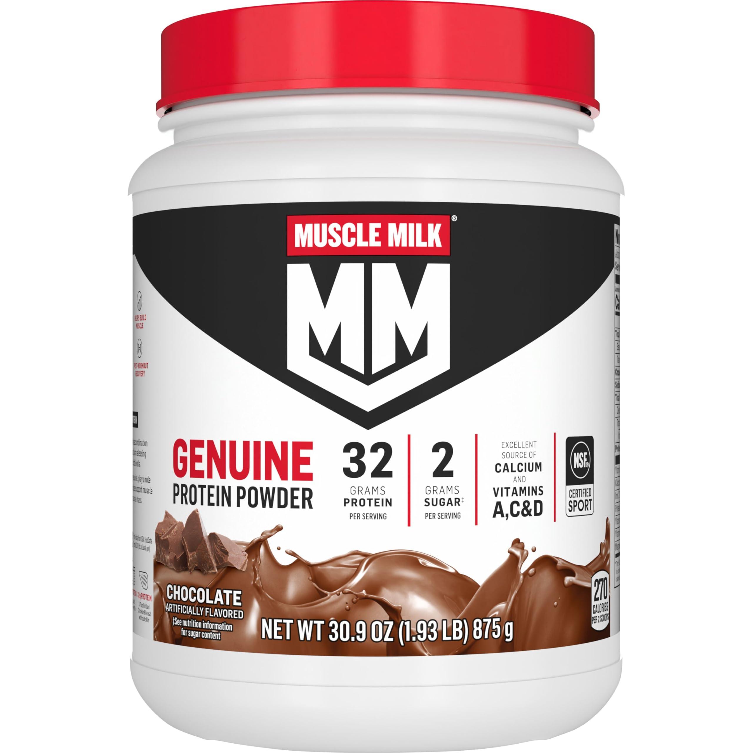 Muscle Milk Muscle Milk Genuine Protein Powder, Chocolate, 1.93 Pounds, 12 Servings, 32g Protein, 3g Sugar, Calcium, Vitamins A, C & D, NSF Certified for Sport, Energizing Snack, Packaging May Vary