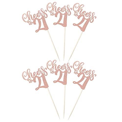 ZHUOWEISM 36 PCS Cheers to 21 Cupcake Toppers Glitter 21th birthday Cupcake Picks Decorations for 21th Wedding Anniversary Birthday Party Supplies Rose Gold