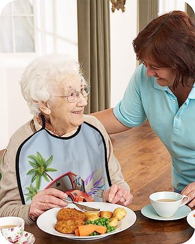 Sabolny Summer Beach Adult Bib for Eating with Crumb Catcher,Washable & Waterproof Terry Cloth Adjustable Elderly Women Men Adult Bibs Funny Apron Reusable Clothing Protector Red Truck Ski Camping Surfing Car