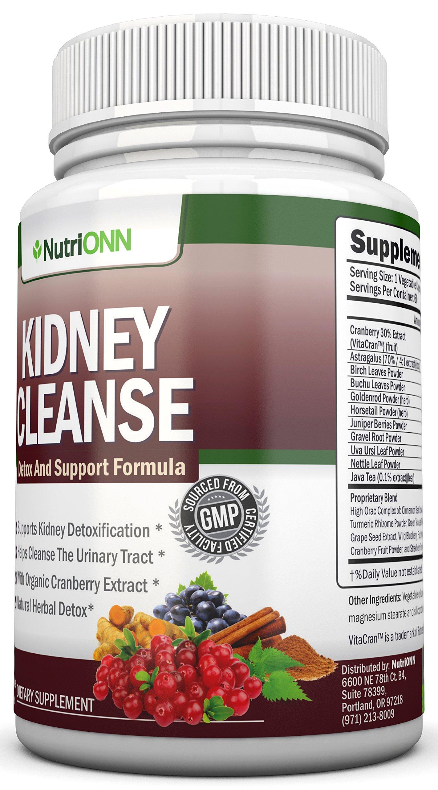 NutriONN KIDNEY CLEANSE - Detox and Support For Urinary Tract, Bladder and Kidneys - All Natural Herbal Supplement Formula With Organic Cranberry, Astragalus, Turmeric, Goldenrod, Gravel Root, Juniper and More