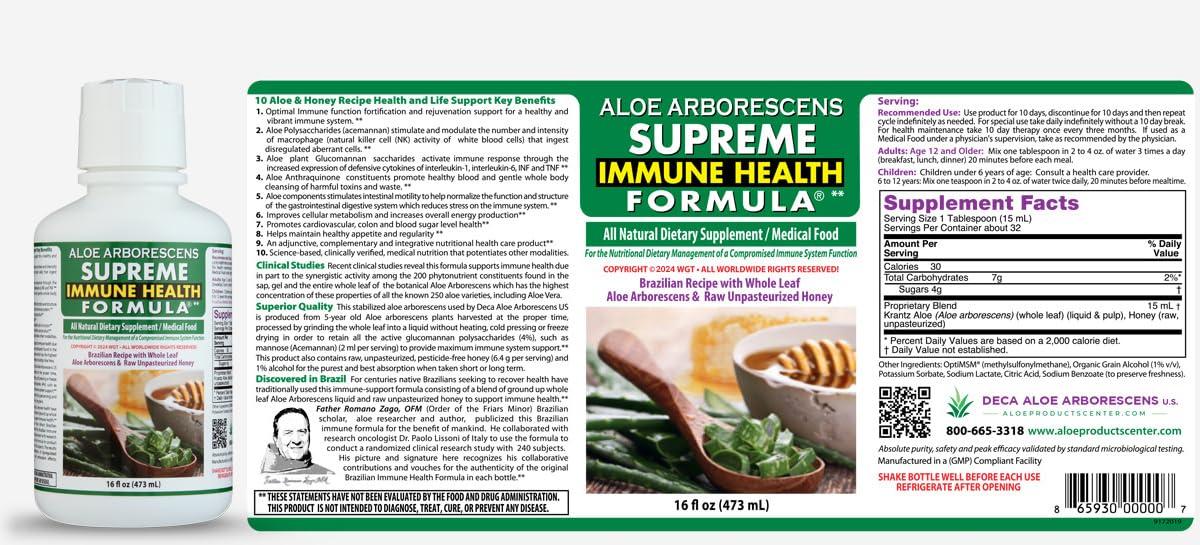 Deca Aloe Arborescens US Aloe Arborescens - Supreme Immune Health Formula - for Healthy Immune System Function - Aloe Juice + Honey (16 Ounces) (4)