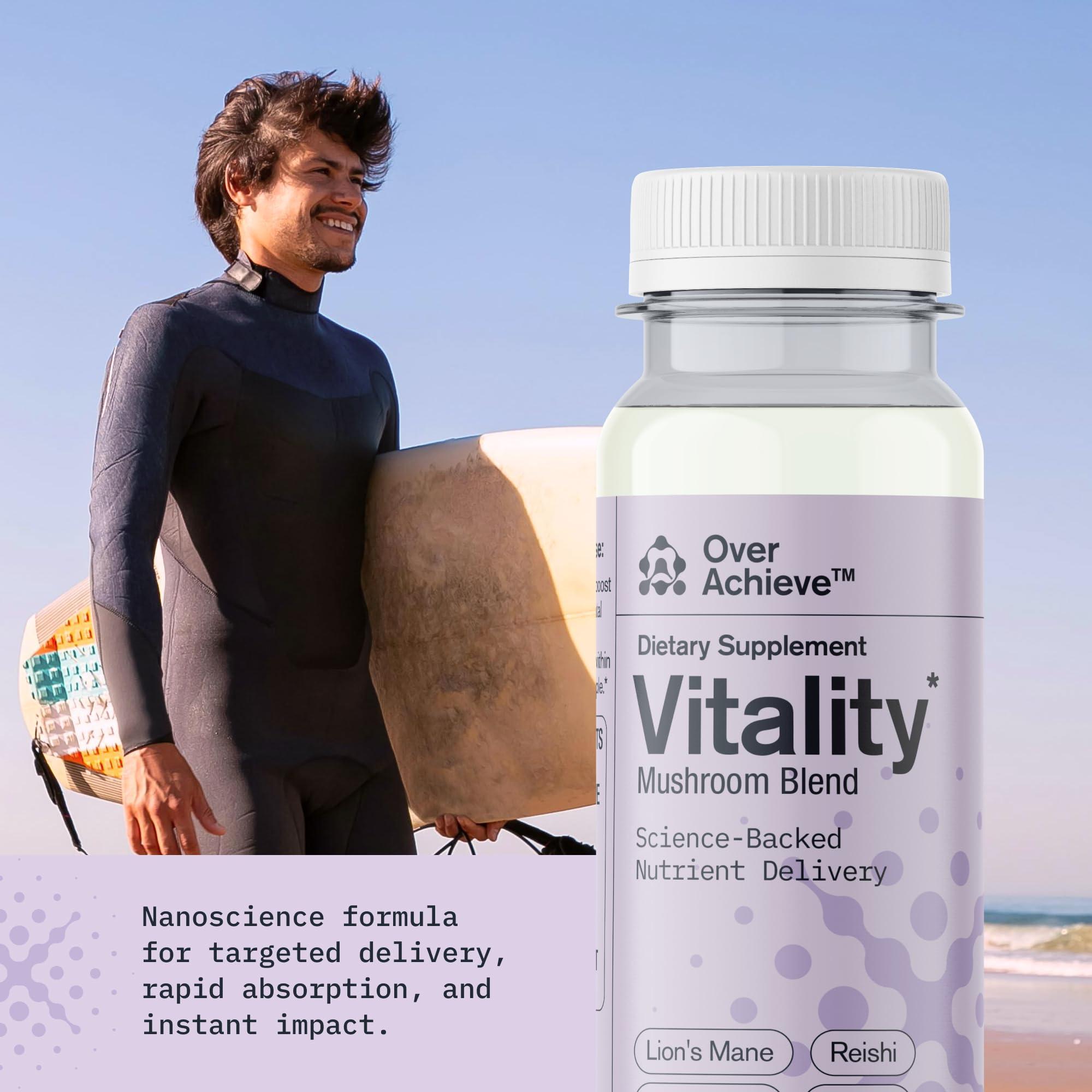 OVERACHIEVE OVERACHIEVE Mushroom Supplement Drink, Fast-Acting Vitality Blend, Cordyceps, Reishi, Chaga, Lions Mane,Ashwaganda, for Adults, Chai Spice Flavor 2 fl oz (3 Pack)