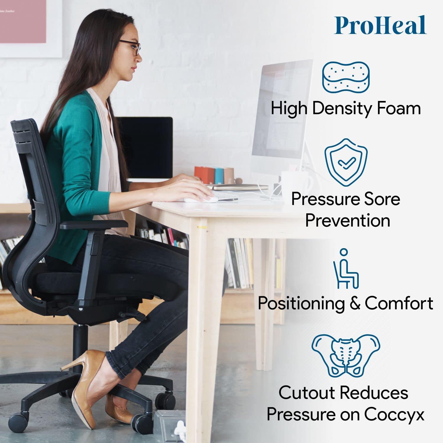 ProHeal Coccyx Foam Wheelchair Cushion 26\" x 20\" x 3\" - Offers Lower Back Support - Relief for Pressure Sores and Pain - High Density, High Resilient Foam - 1 Year Warranty