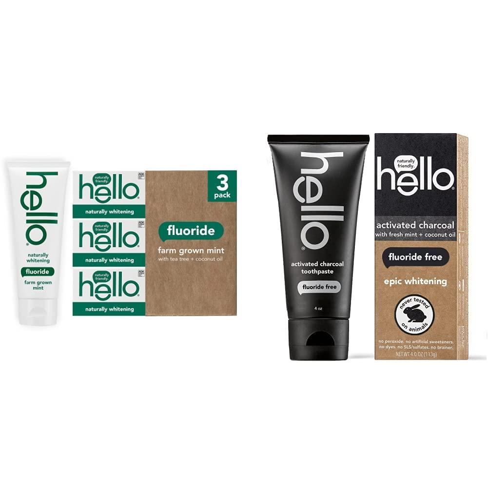 hello Hello Naturally Whitening Fluoride Toothpaste (3 Pack) and Activated Charcoal Epic Teeth Whitening Fluoride Free Toothpaste