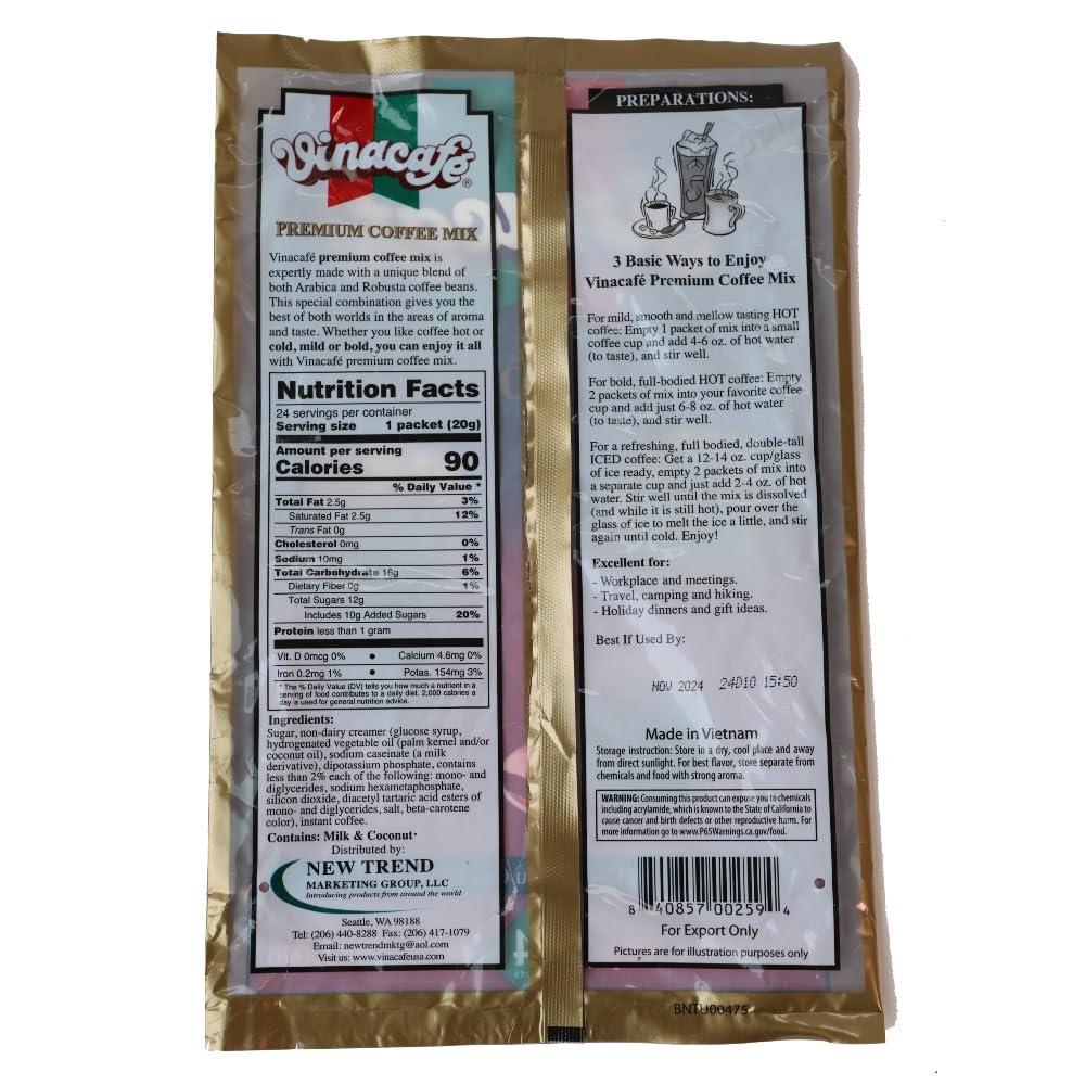 Vinacafe Vinacafe Premium 3 in 1 Instant Coffee Mix, New & Improved Version, Unique Blend of Both Arabica & Robusta Coffee Beans, 24 Count Packets, 1 Bag