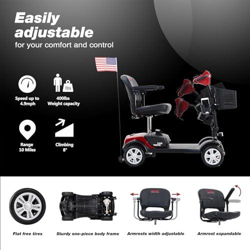 NineLife Basics Mobility Scooters for Seniors & Adults 400lbs Capacity 4 Wheel Foldable Powered Mobility Scooter for Elderly for Travel, Lightweight All Terrain Mobility Scooter with Lights and Basket (Red)
