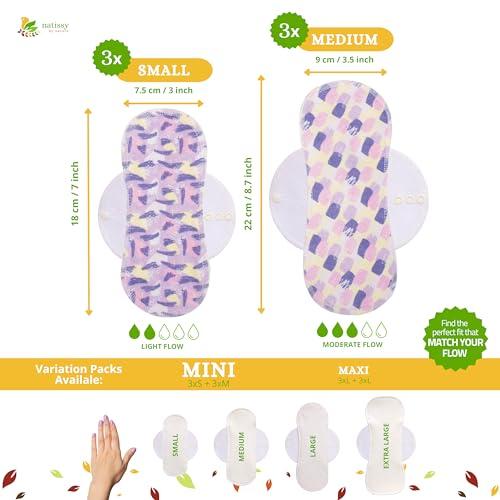 Natissy Non-Slip Organic Reusable Period Pads for Light Flow (S+M, 6-Pack); High-Temp Washable Cotton Cloth Pads for Women & Teens; Non-Irritating, Soft Reusable Pads Menstrual for Comfortable Period Care