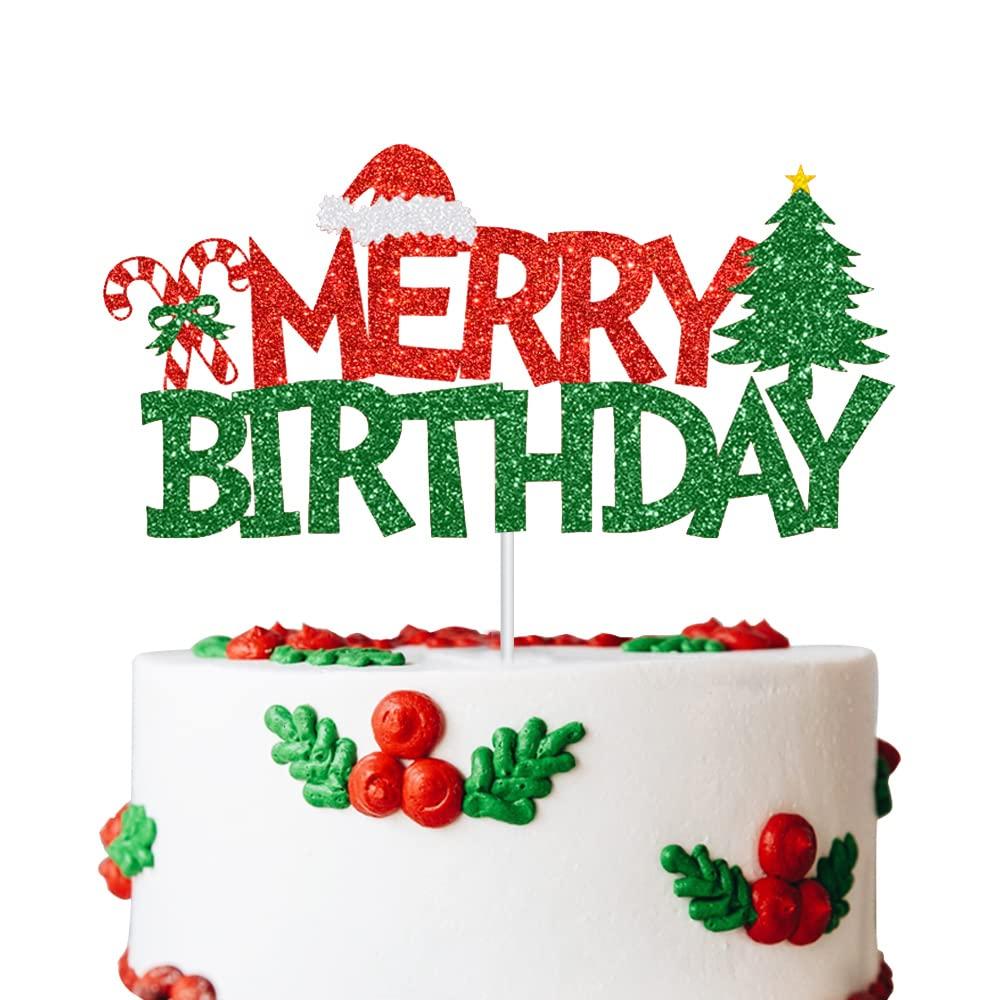 GotGala GotGala Merry Birthday Cake Topper Red &Green Glitter Christmas Birthday Cake Decoration Kids Christmas Birthday Party Cake Food Picks for Winter Onederland Xmas Birthday Baby Shower Decorations