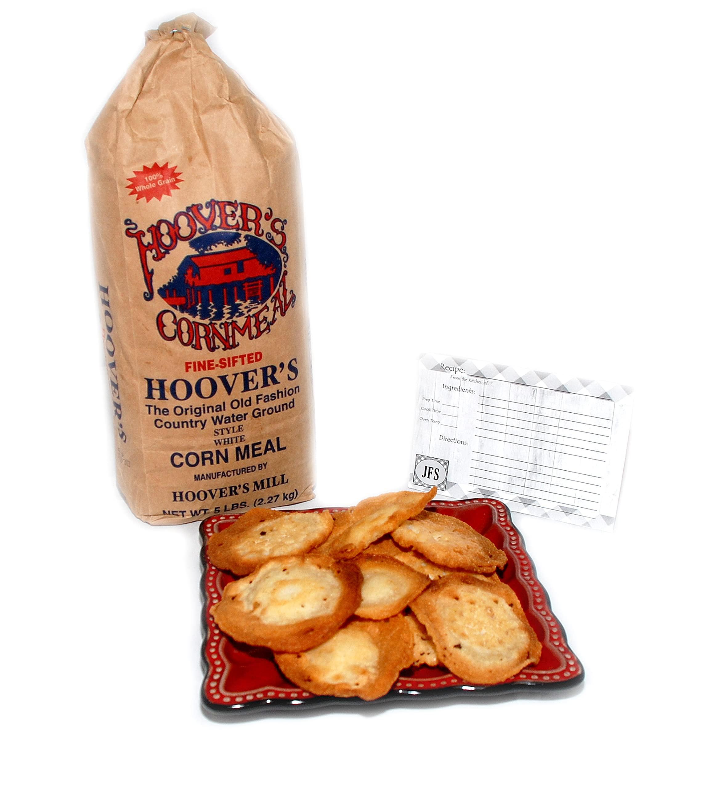 JFS Grocery Hoovers Fine-Sifted White Cornmeal 5 lb. Bag (2.27 kg)- Water Ground Corn Meal - One Bag Bundled with a JFS Recipe Card
