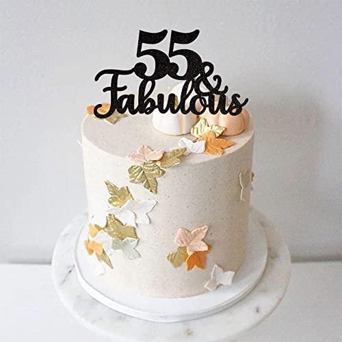 ZHUOWEISM 1 PCS 55 & Fabulous Cake Topper Glitter Fifty Five and Fabulous Cake Toppers Happy 55th Birthday Cake Pick for 55th Wedding Anniversary Birthday Party Cake Decorations Supplies Black