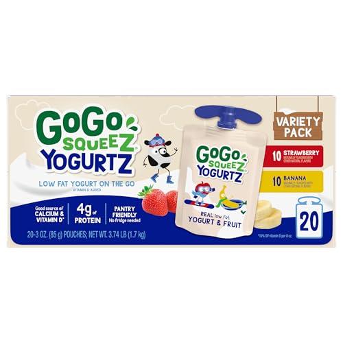 GoGo SqueeZ GoGo squeeZ yogurtZ Variety Pack, Strawberry & Banana, 3 oz (Pack of 20), Kids Snacks Made from Real Yogurt and Fruit, No Fridge Needed, Gluten Free, Nut Free, Recloseable Cap, BPA Free Pouches